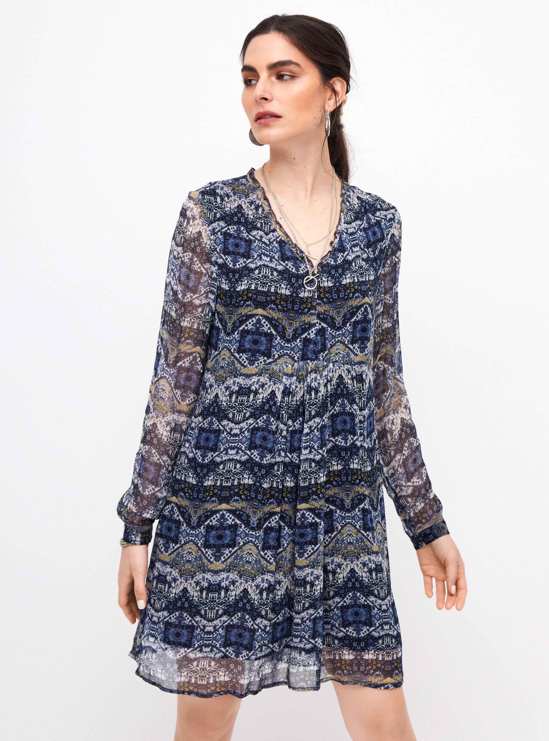Vestido Estampado Corto con Escote V y Manga Larga.-0