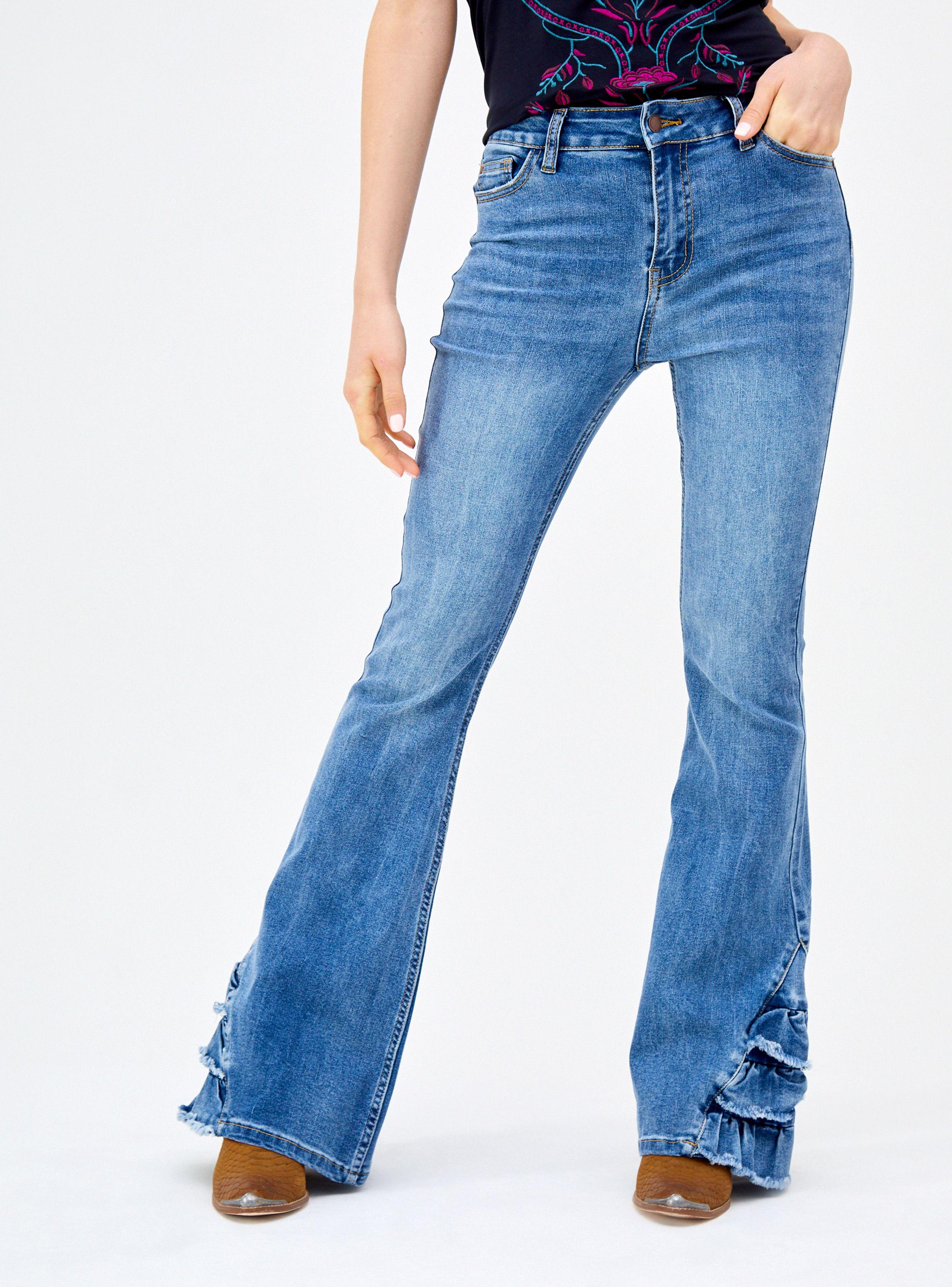 Jeans 5 Bolsillos Flare Tiro Medio con Vuelos en el Ruedo-0