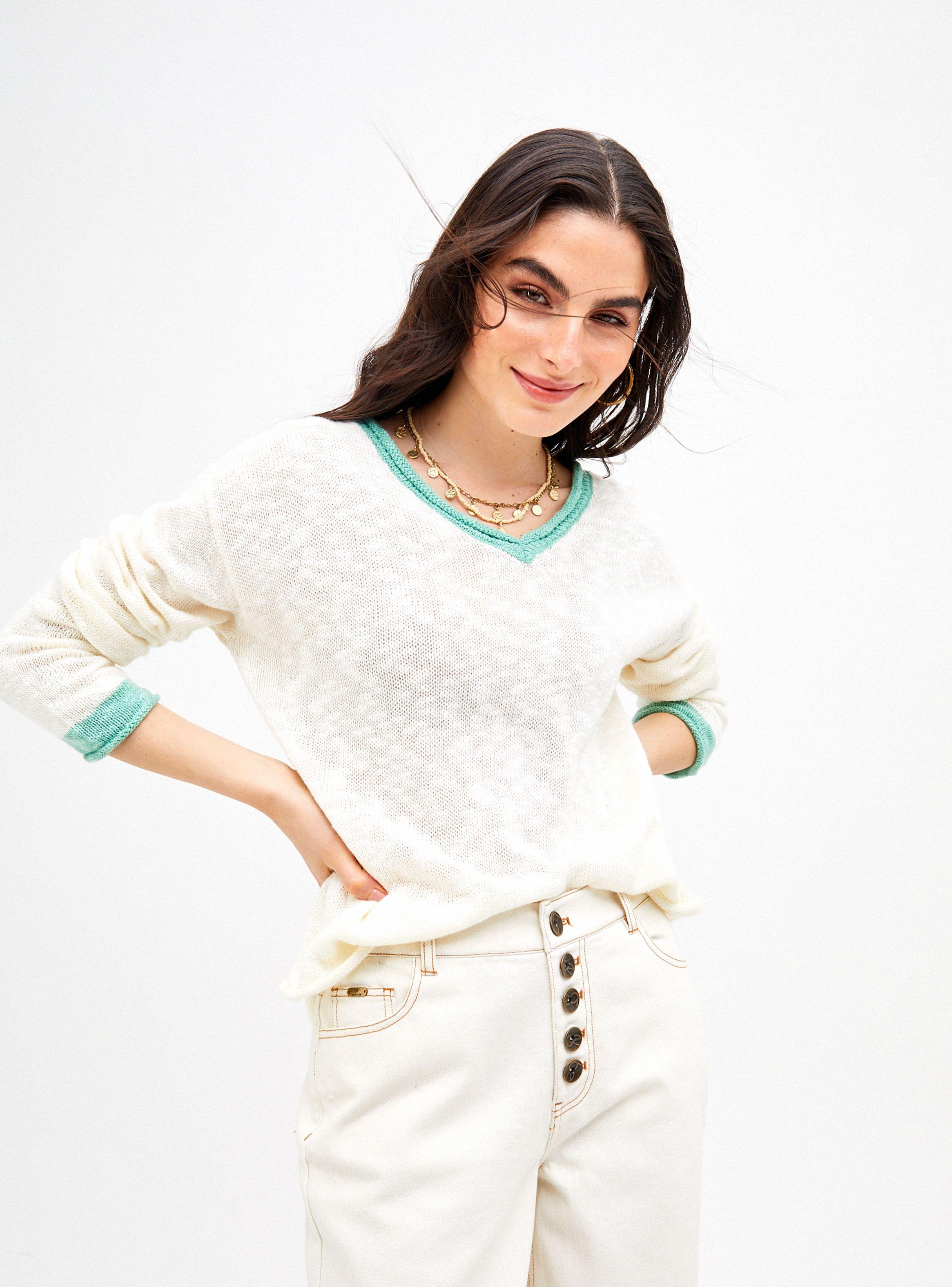 Sweater Cuello en V con Bordes de Color-0