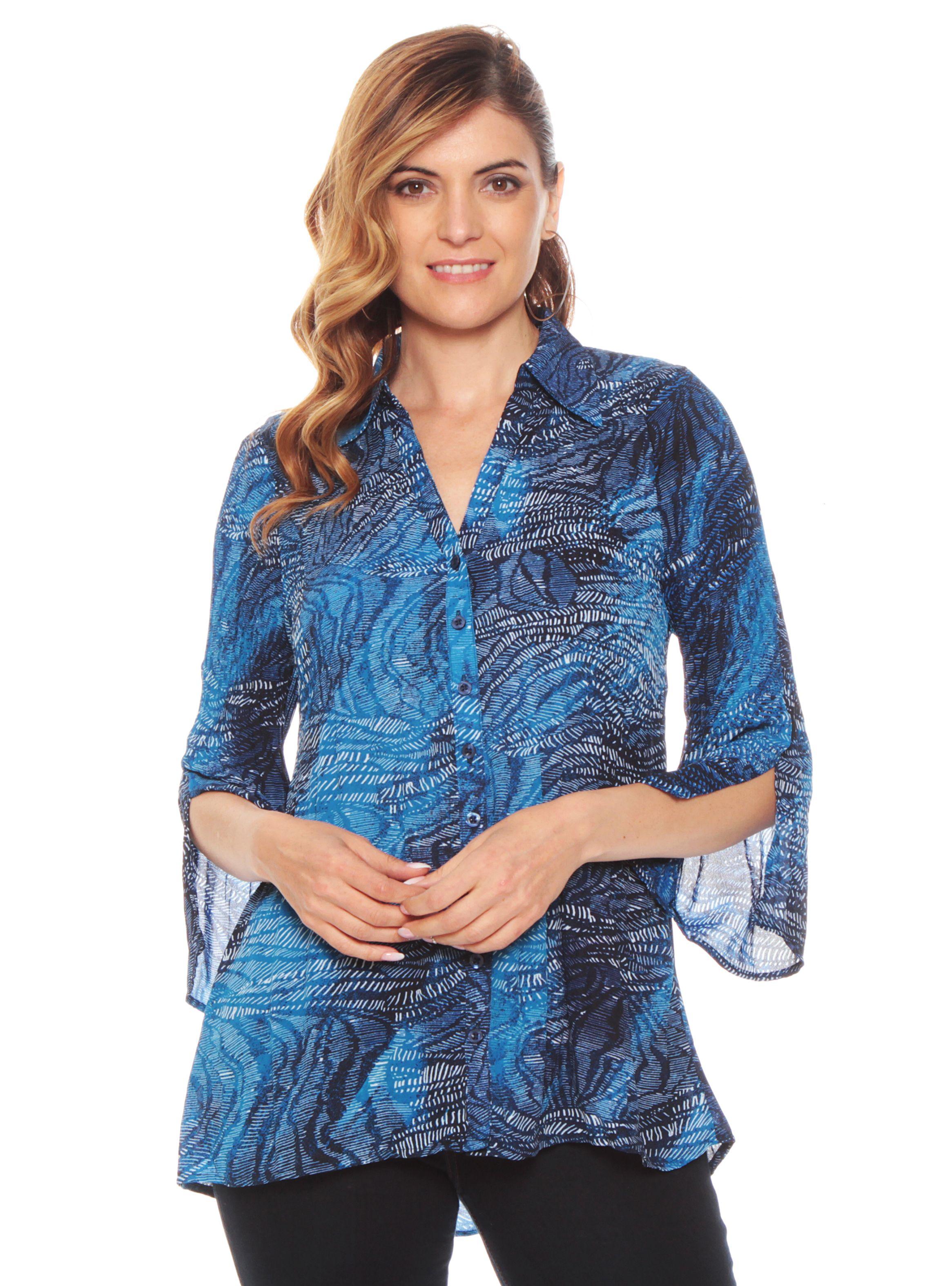 Blusa Plisada Manga Tres Cuartos Con Cuello Camisero-0