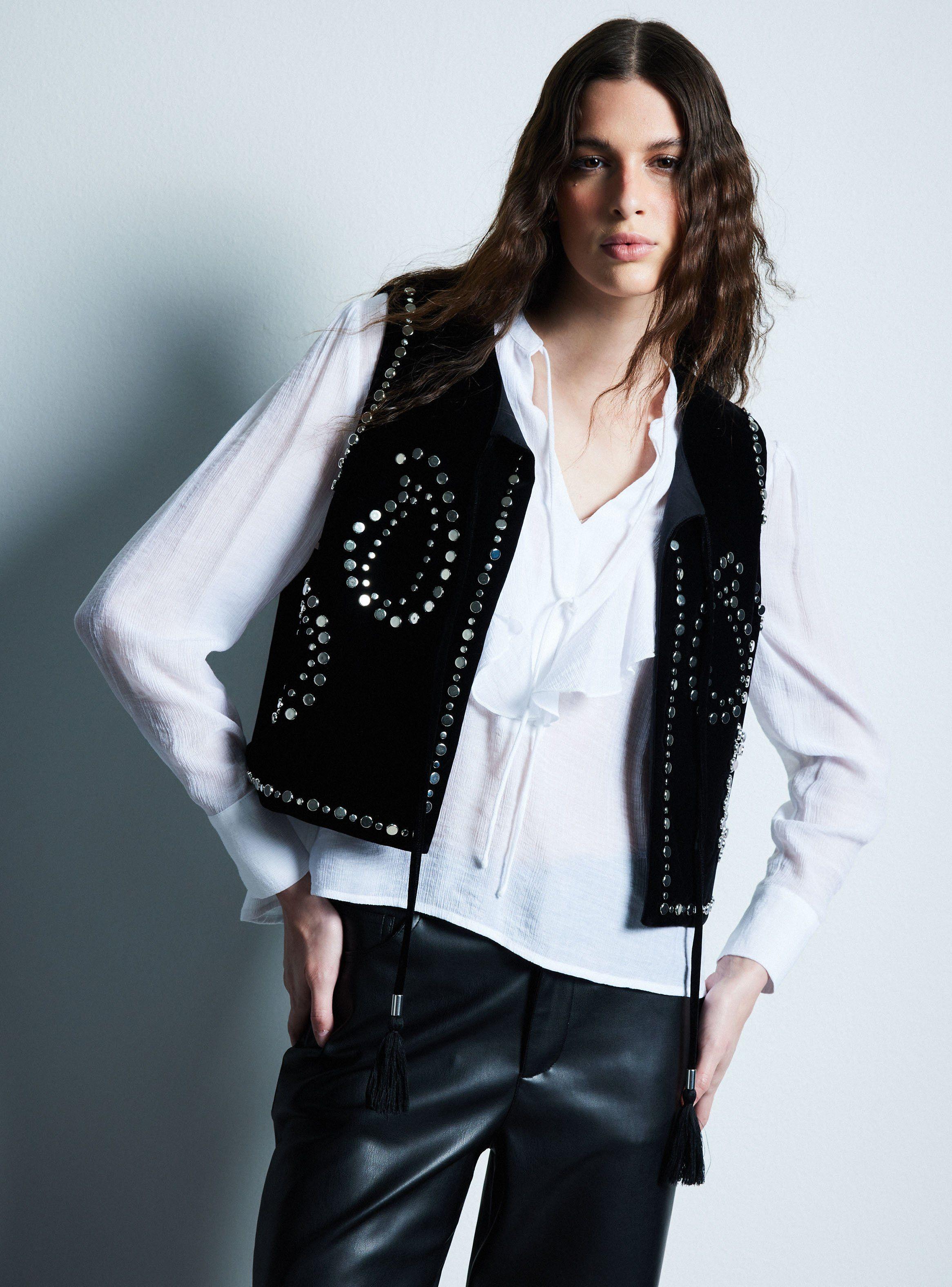 Blazer Sin Mangas Efecto Terciopelo Con Tachas-0