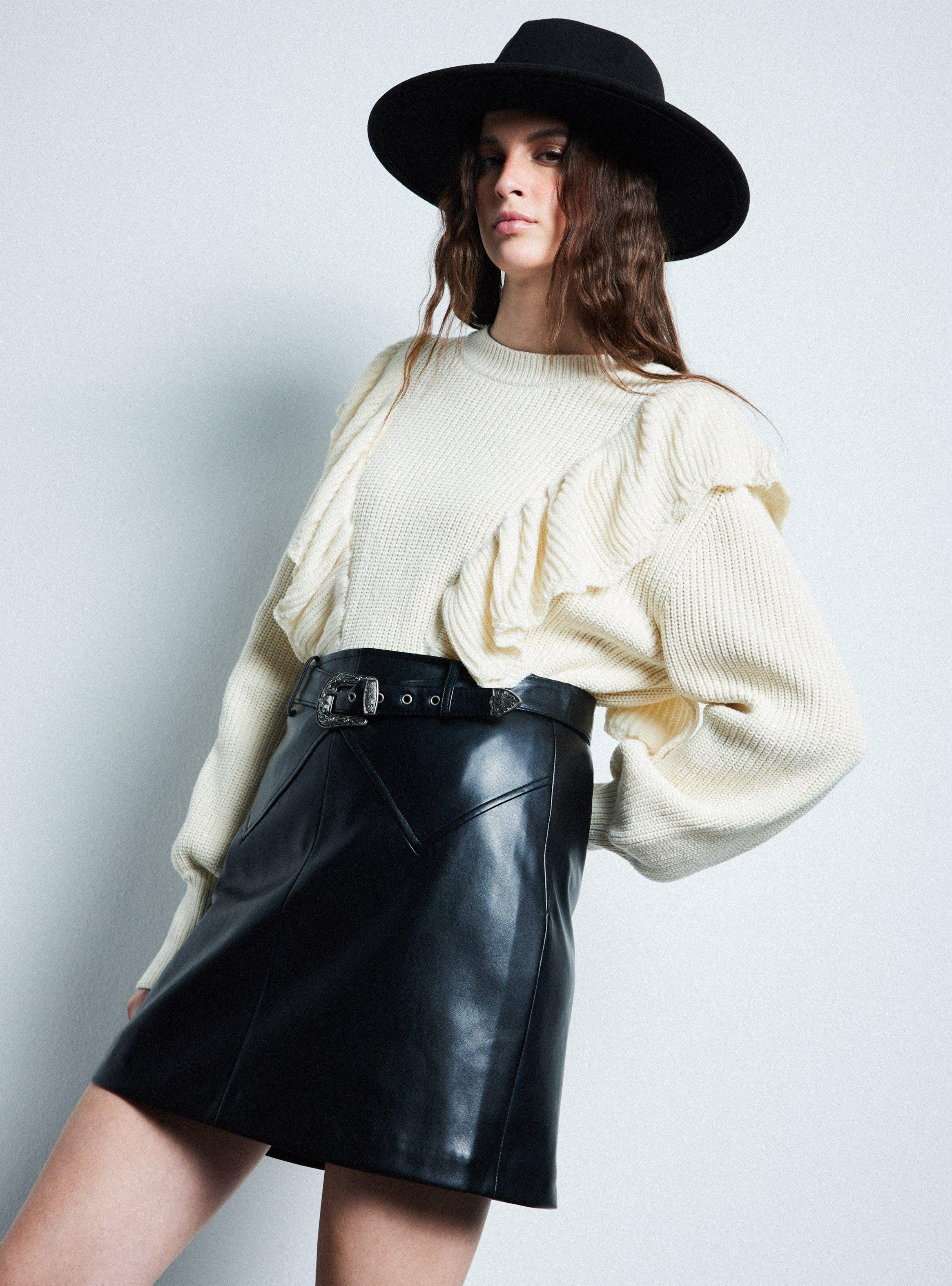 Falda Mini Efecto Cuero Cinturón Hebilla Western-0