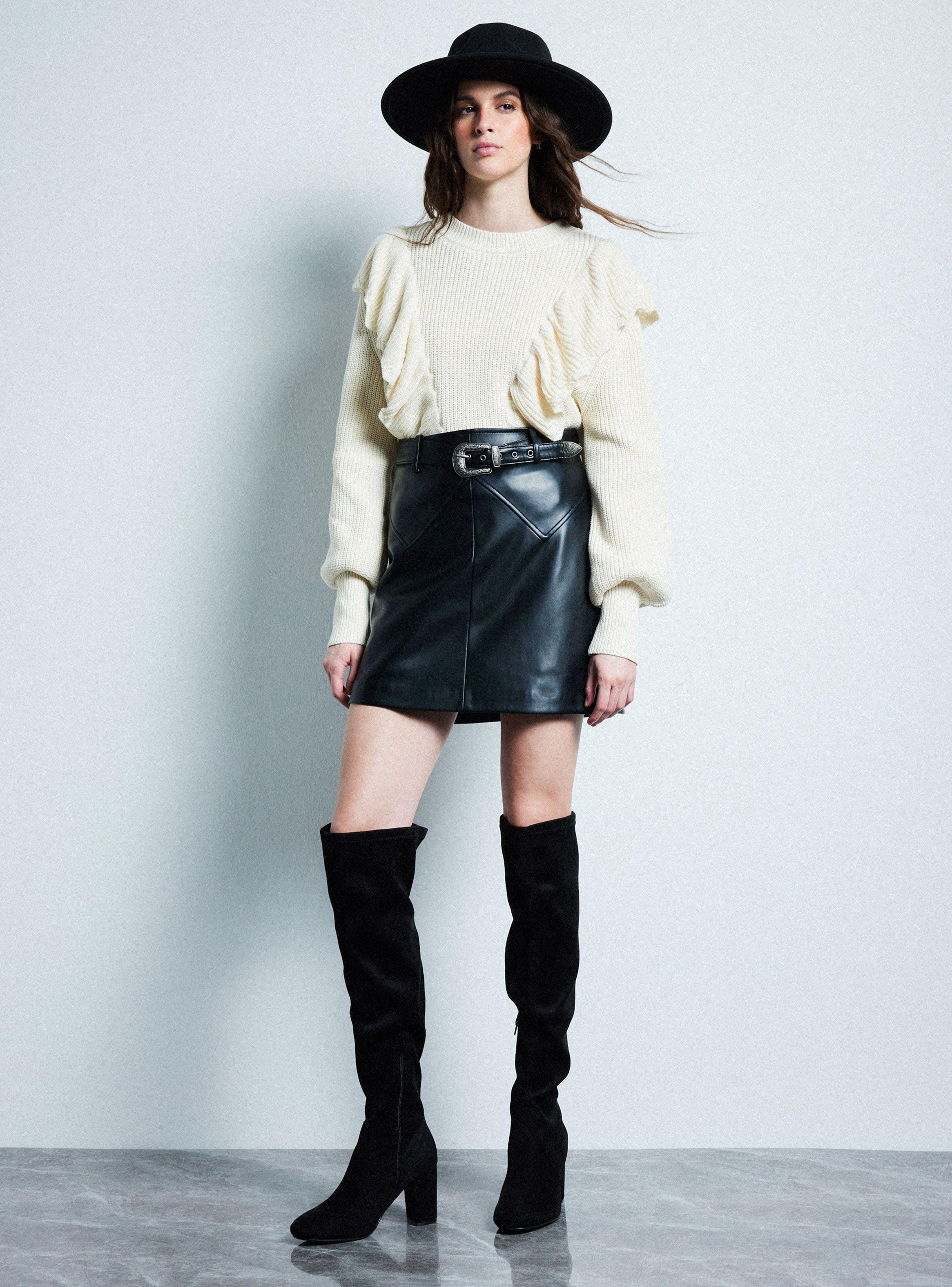 Falda Mini Efecto Cuero Cinturón Hebilla Western-4