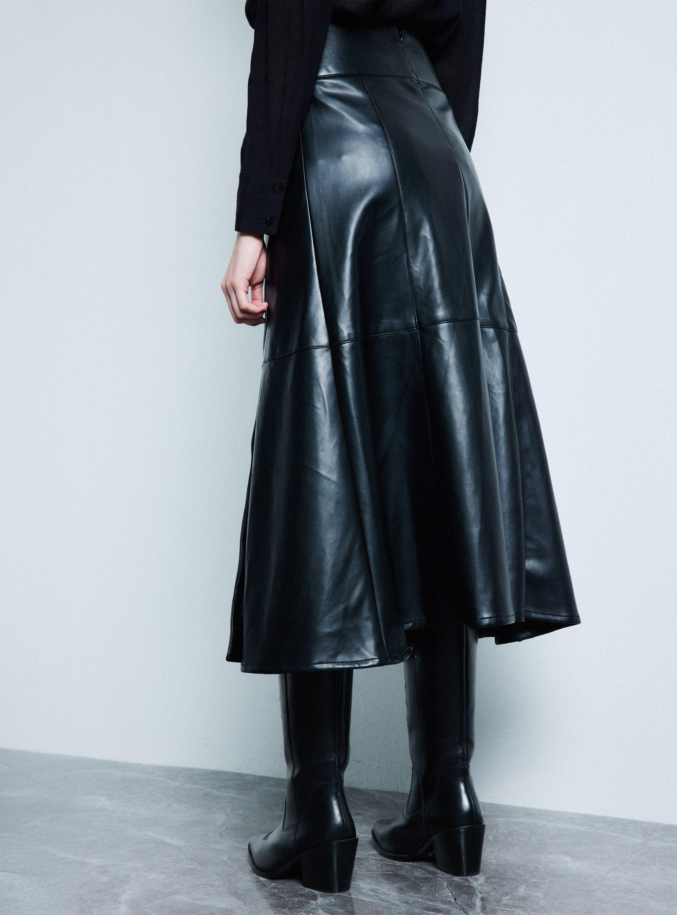 Falda Midi Evasé Efecto Cuero Pretina Cinturón-1