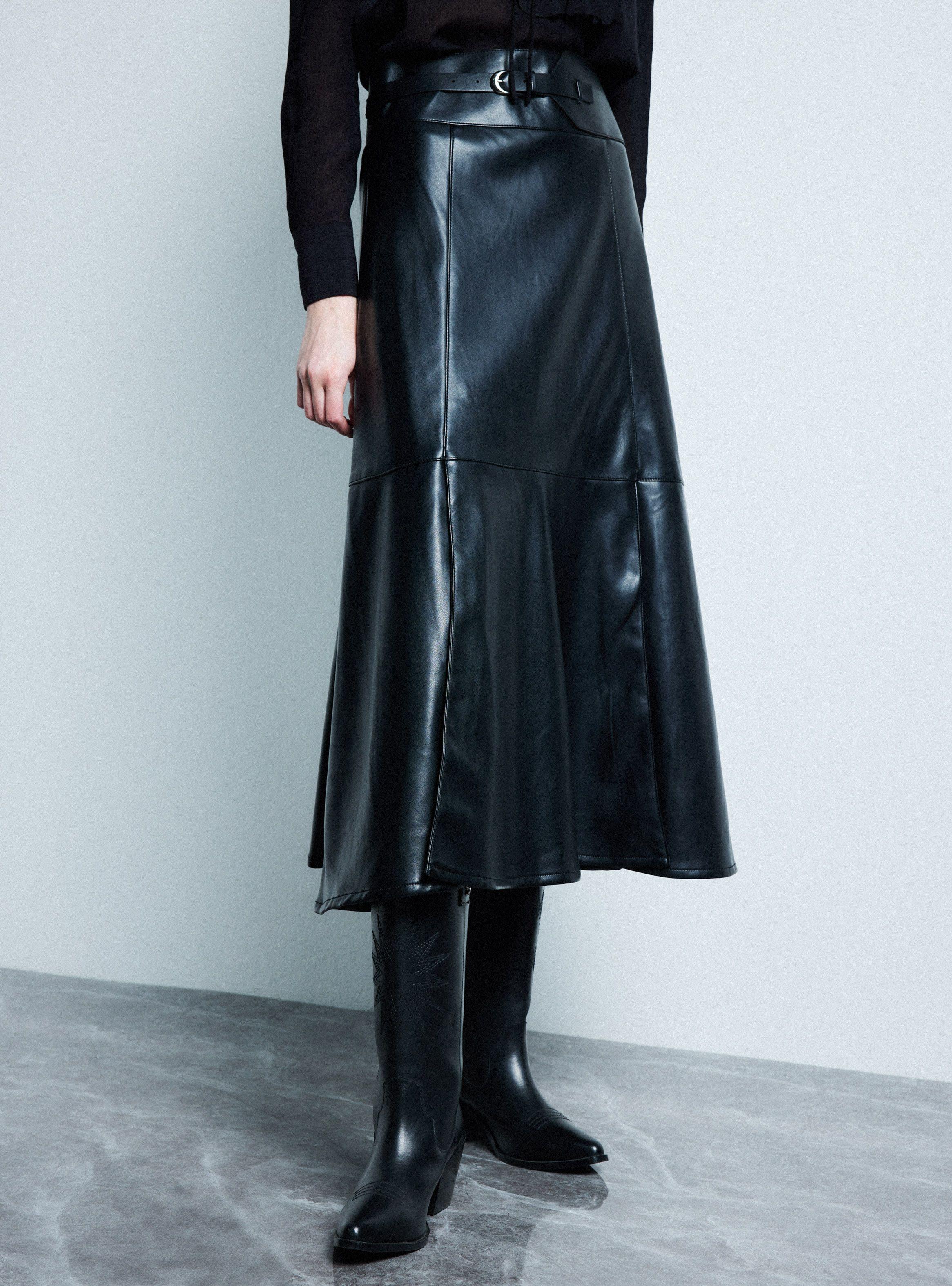 Falda Midi Evasé Efecto Cuero Pretina Cinturón-0