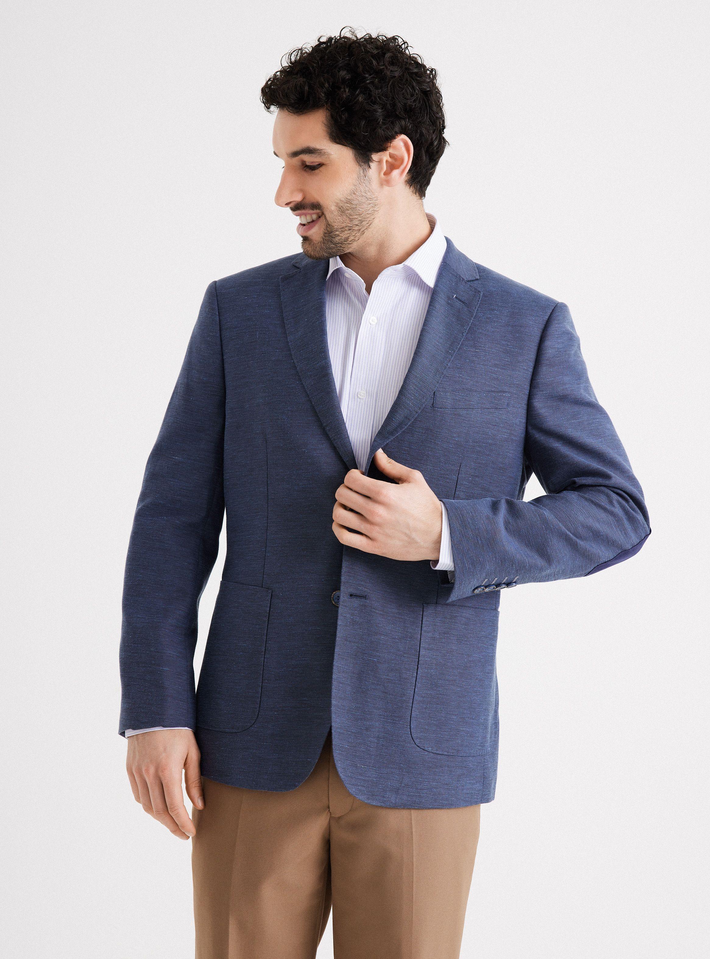 Vestón Recto Slim Fit Tela de Lino Espigado de Johnson Dorado