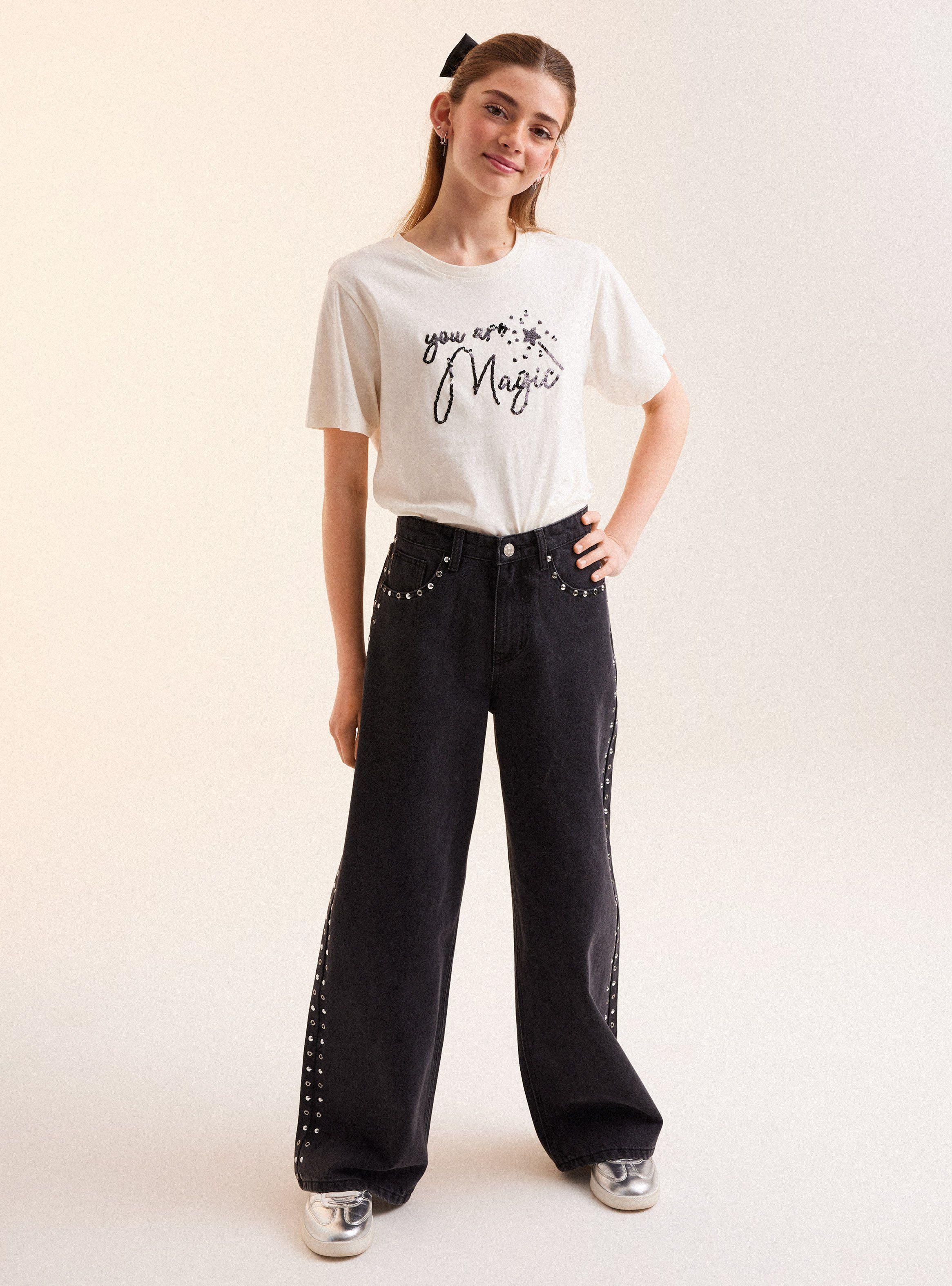 Jeans Wide Leg con Tachas Metálicas-0