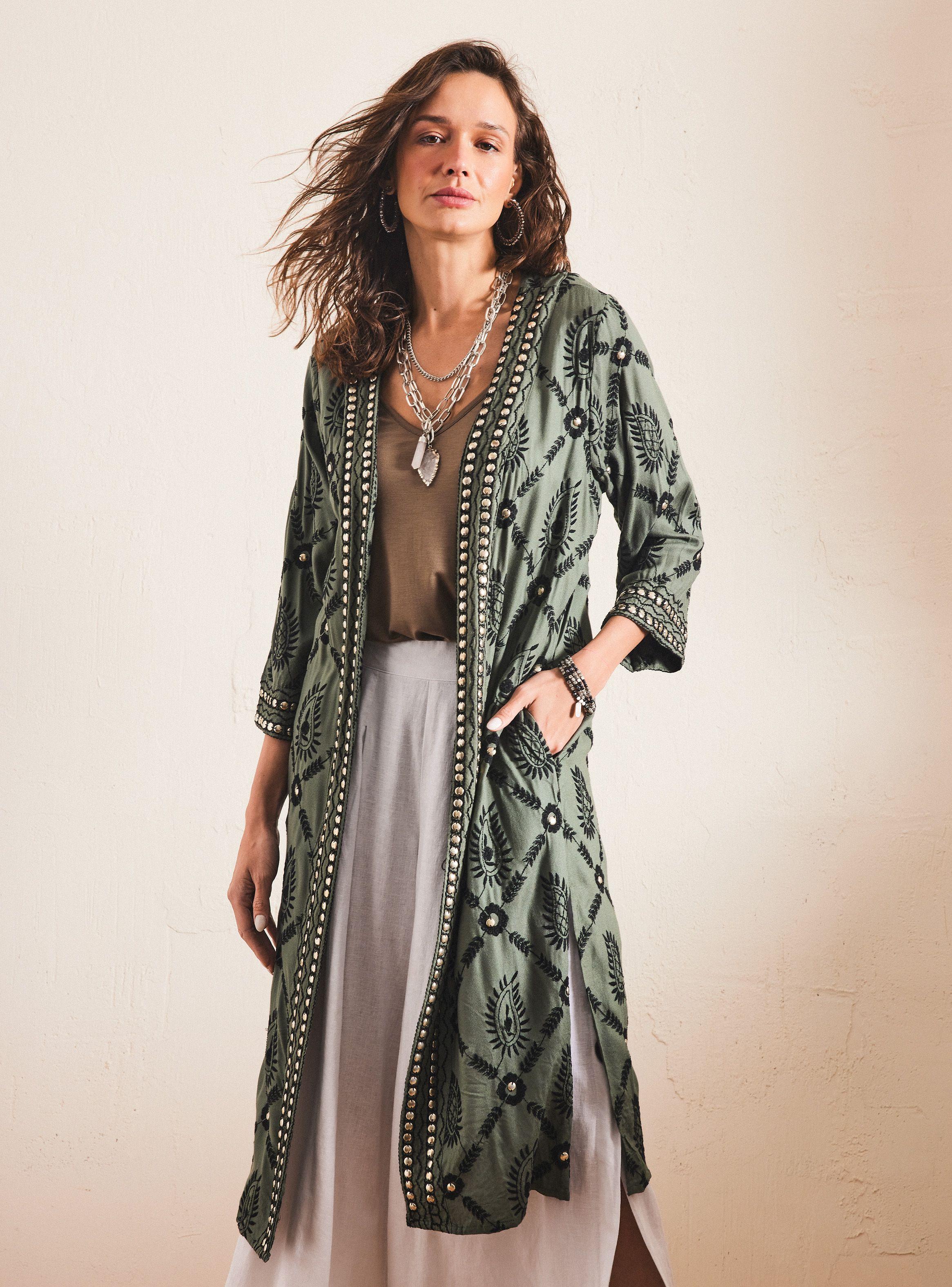 Blusa Kimono Bordado con Cuentas Metálicas-0