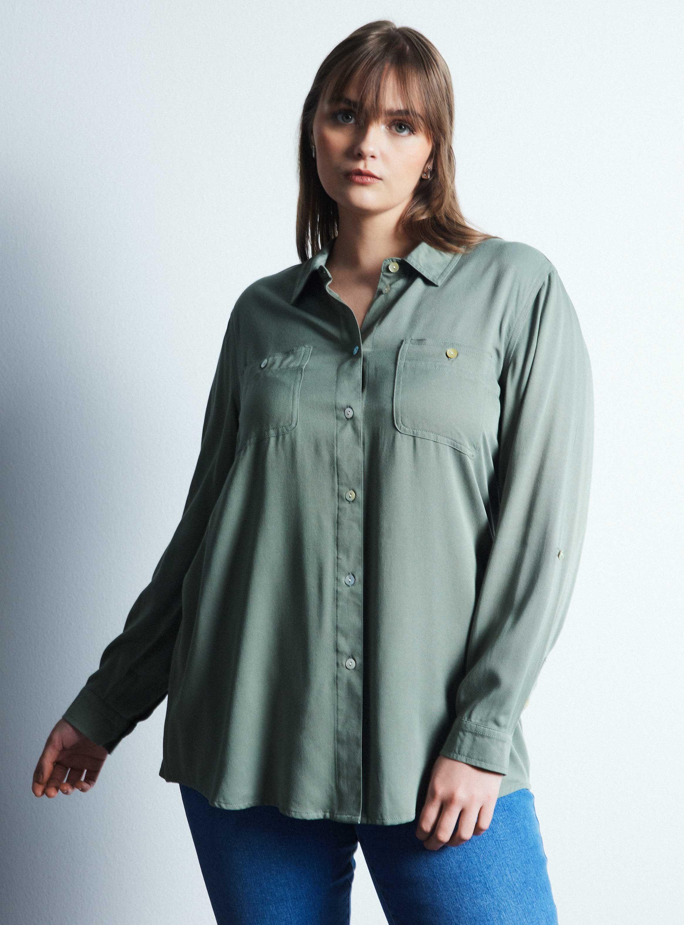 Blusa Camisera Abotonada con Bolsillos-0