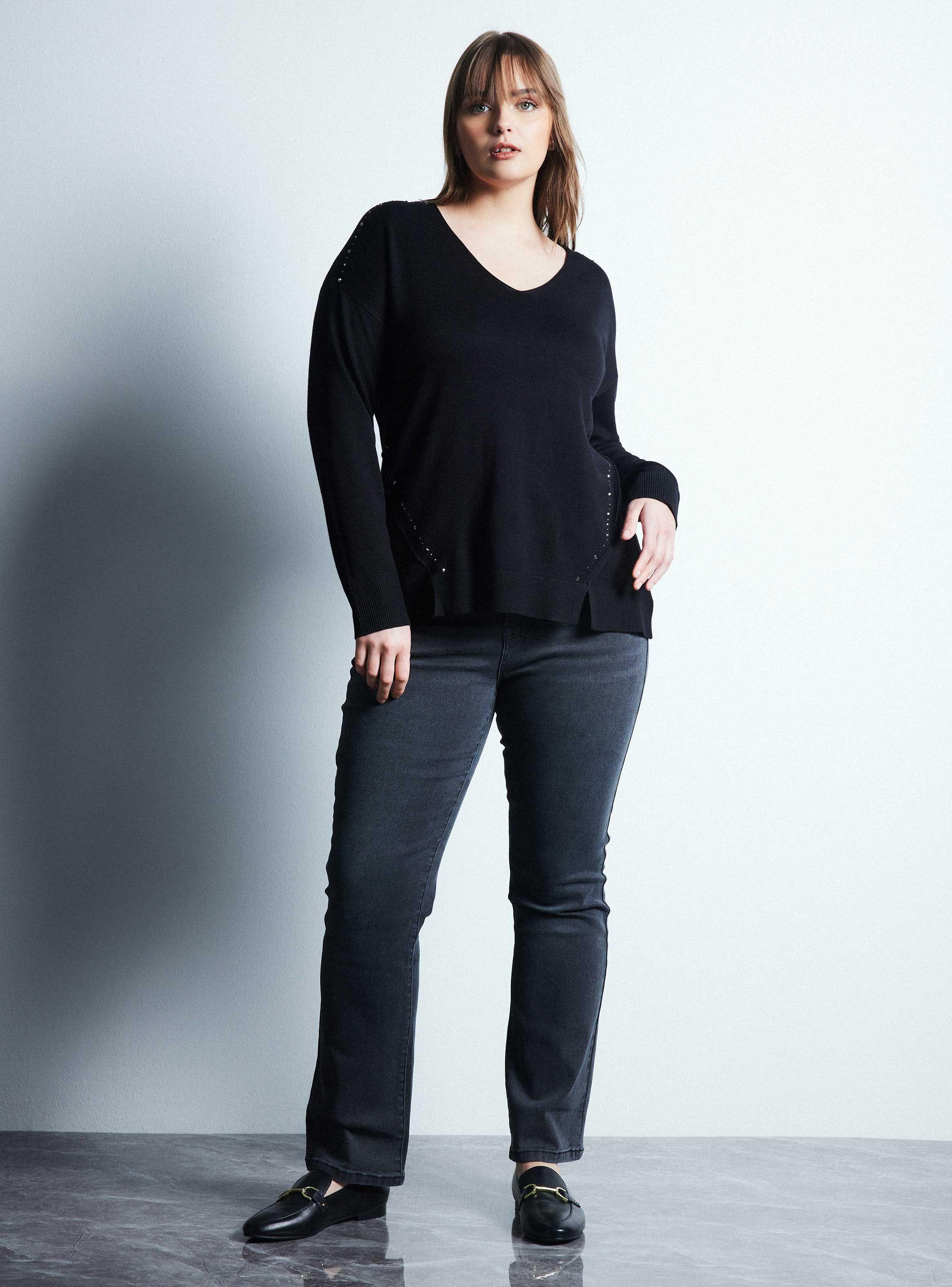 Sweater Escote V con Aplicación Joyas Mangas-4