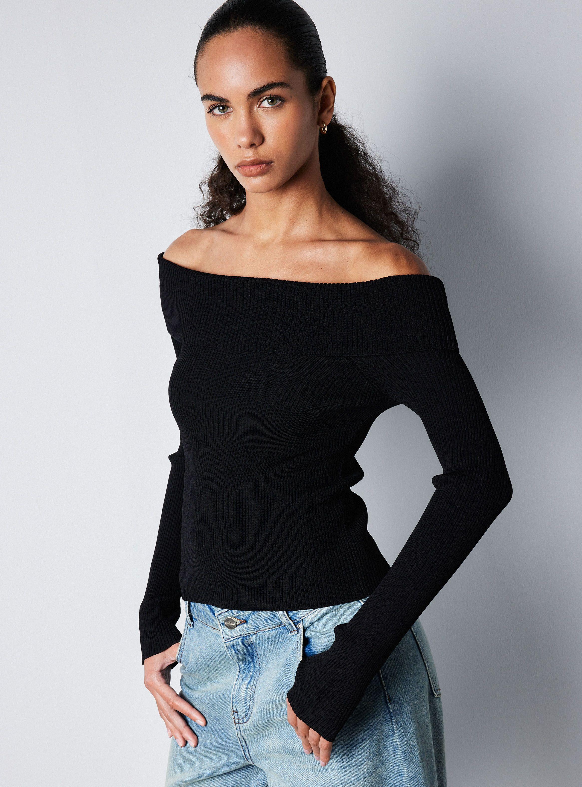 Polera Ajustada Hombros Descubiertos Acabado Metalziado-0