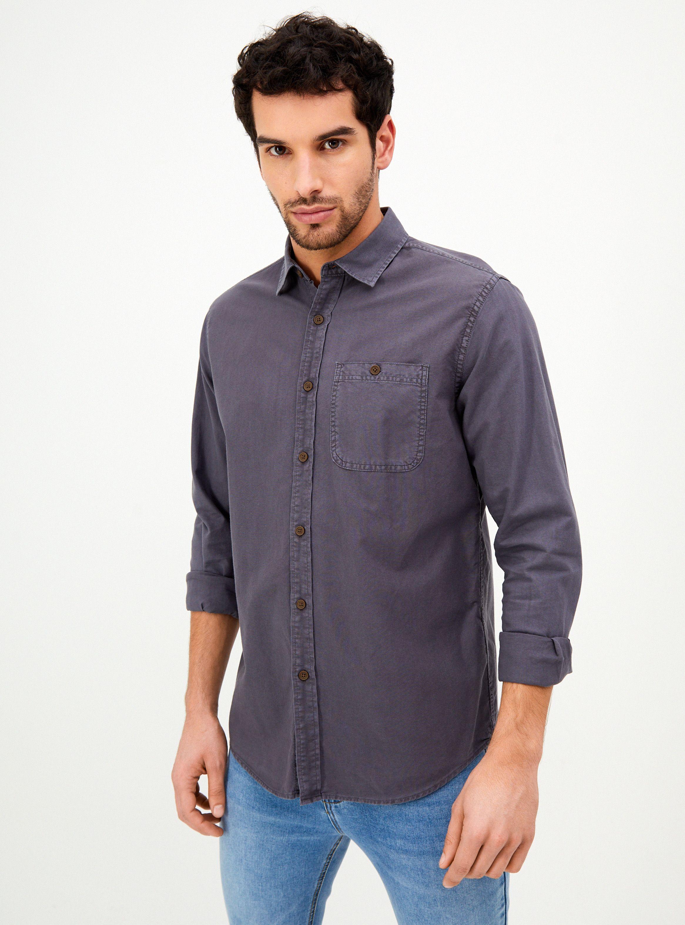 Camisa Sólida Lavada con Bolsillo-0