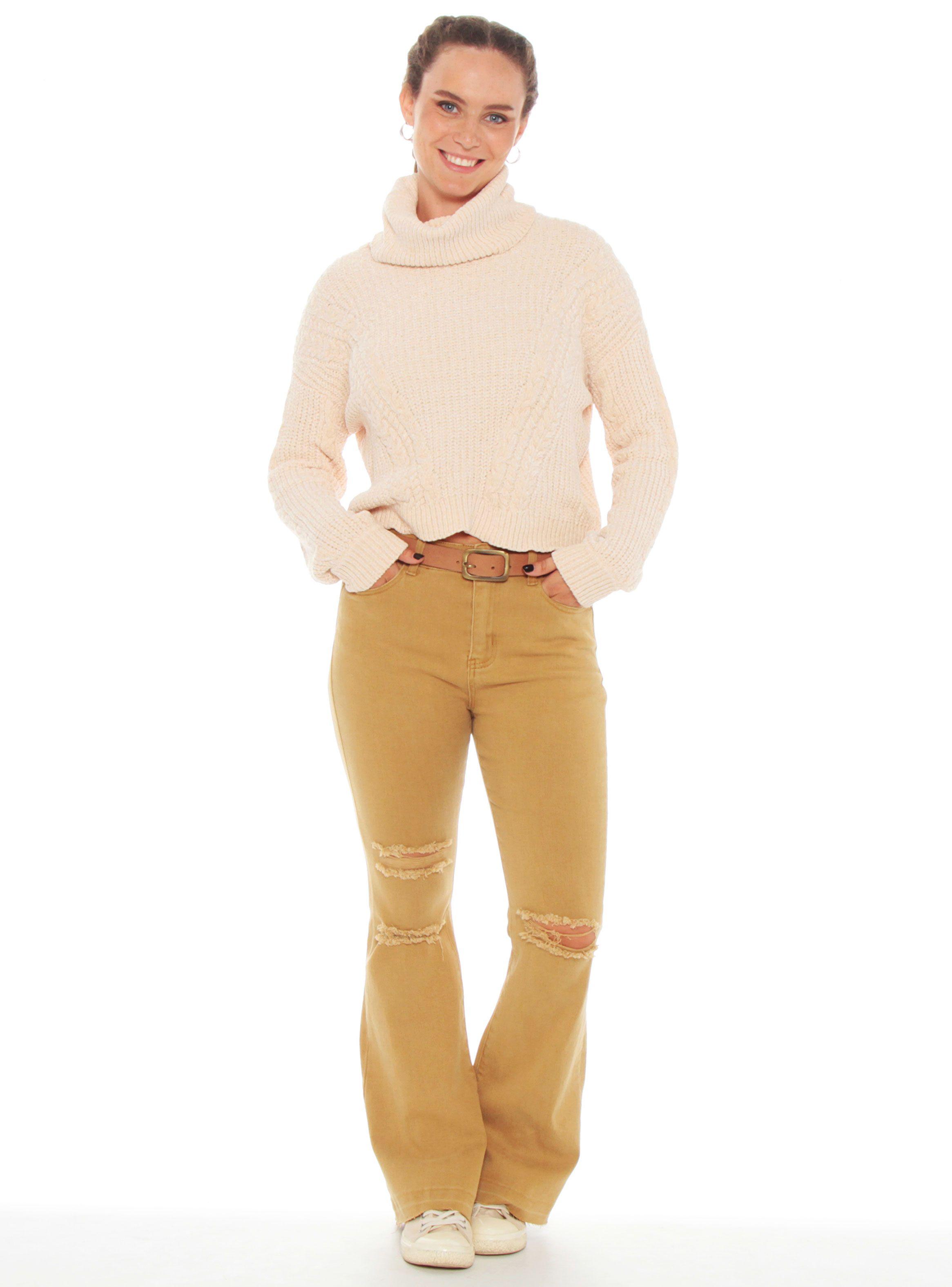 Sweater Con Tenzas Cuello Alto Manga Larga Sólido-4