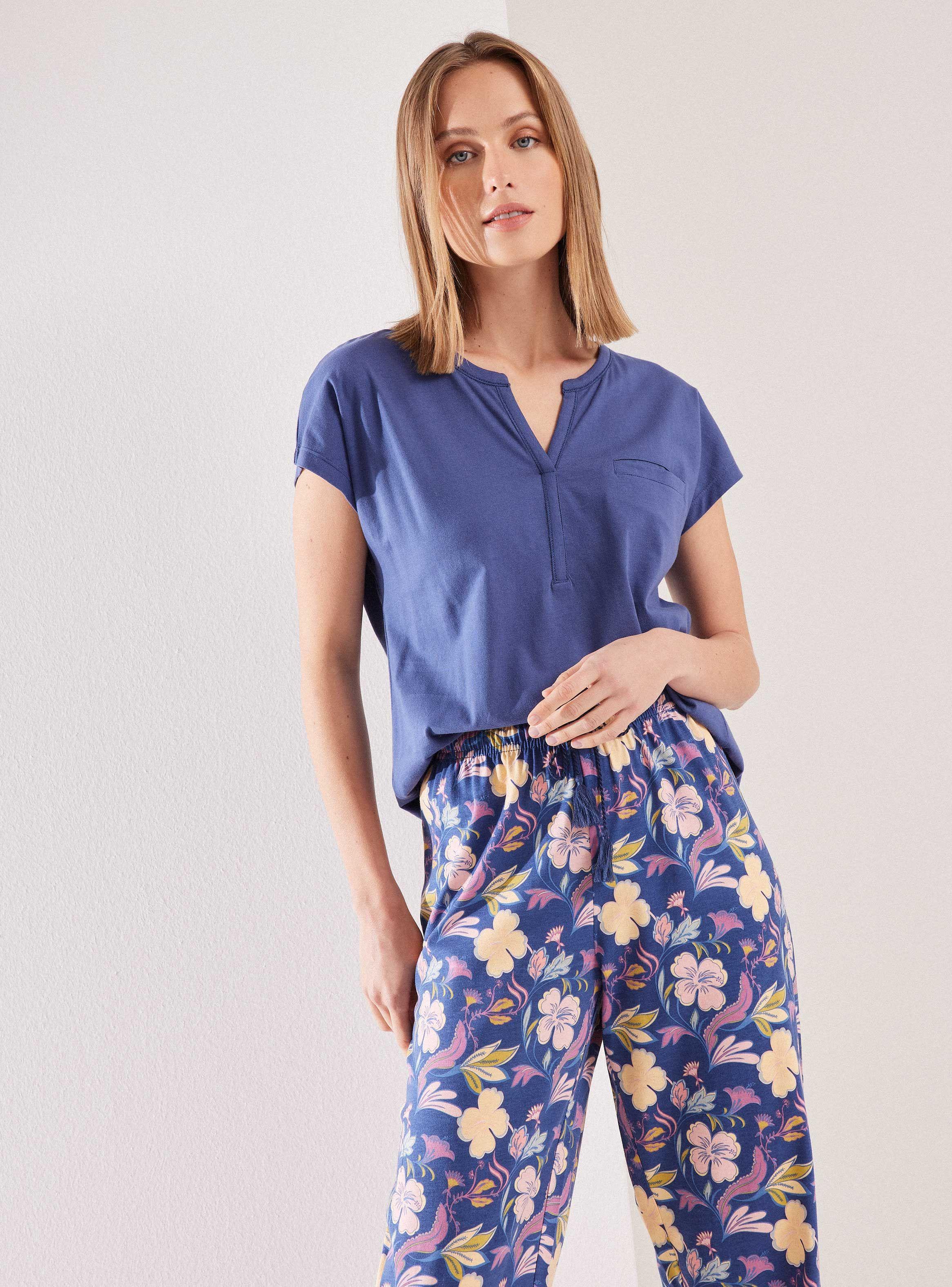 Pijama Top Liso Pantalón Full Print-0