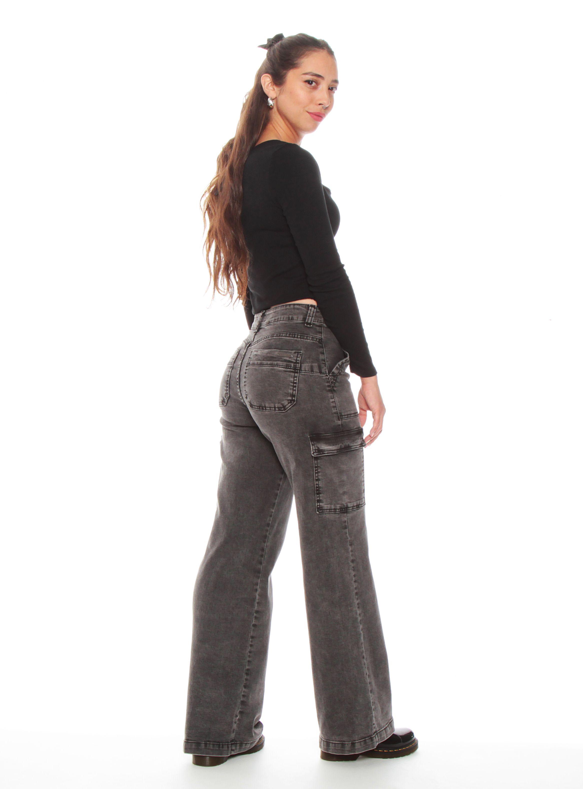 Jeans Recto Cargo Tiro Alto Pretina Un Botón Push Up-4