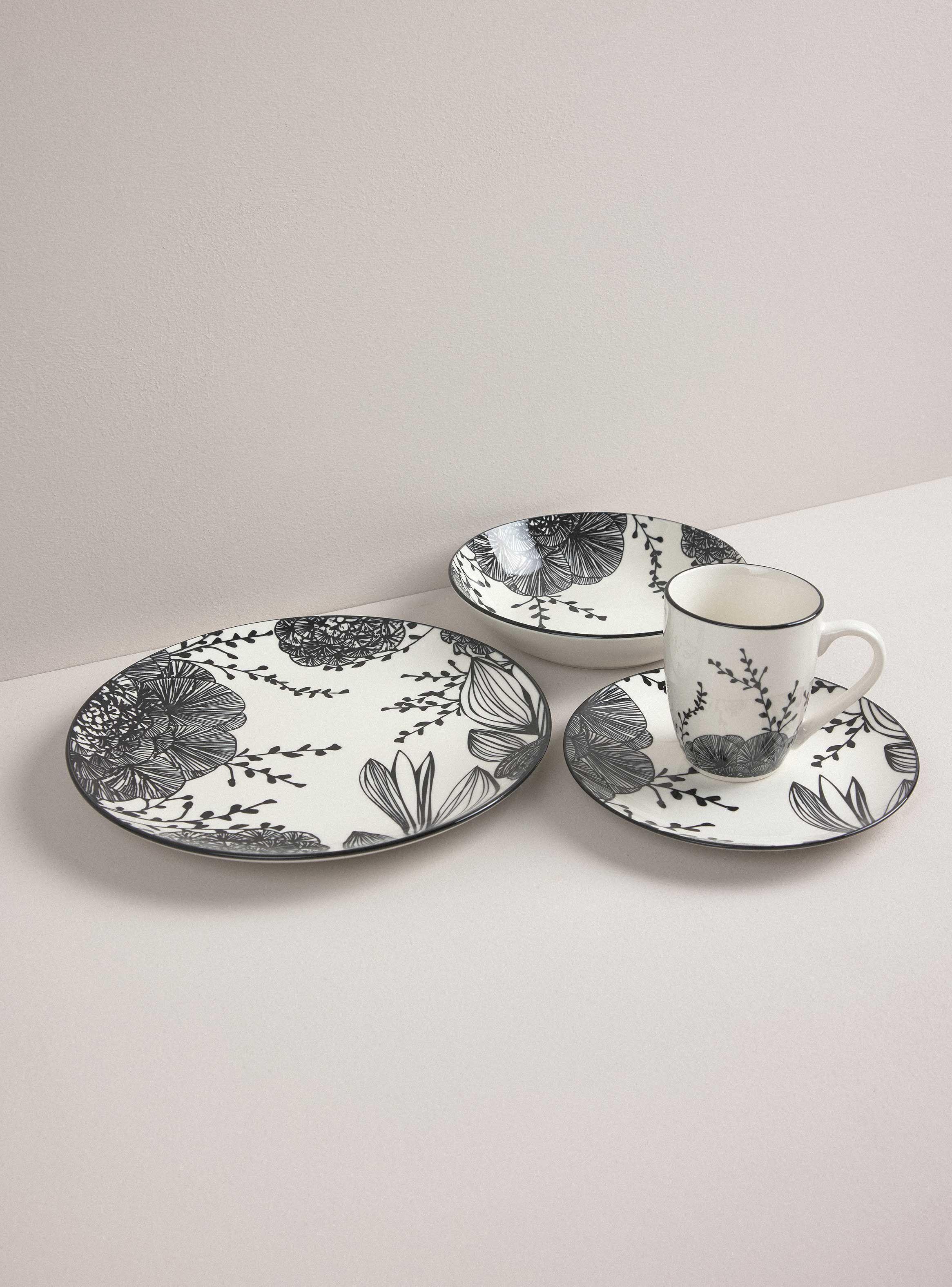 Set Vajilla 24 Piezas Hojas Negras Porcelana-1