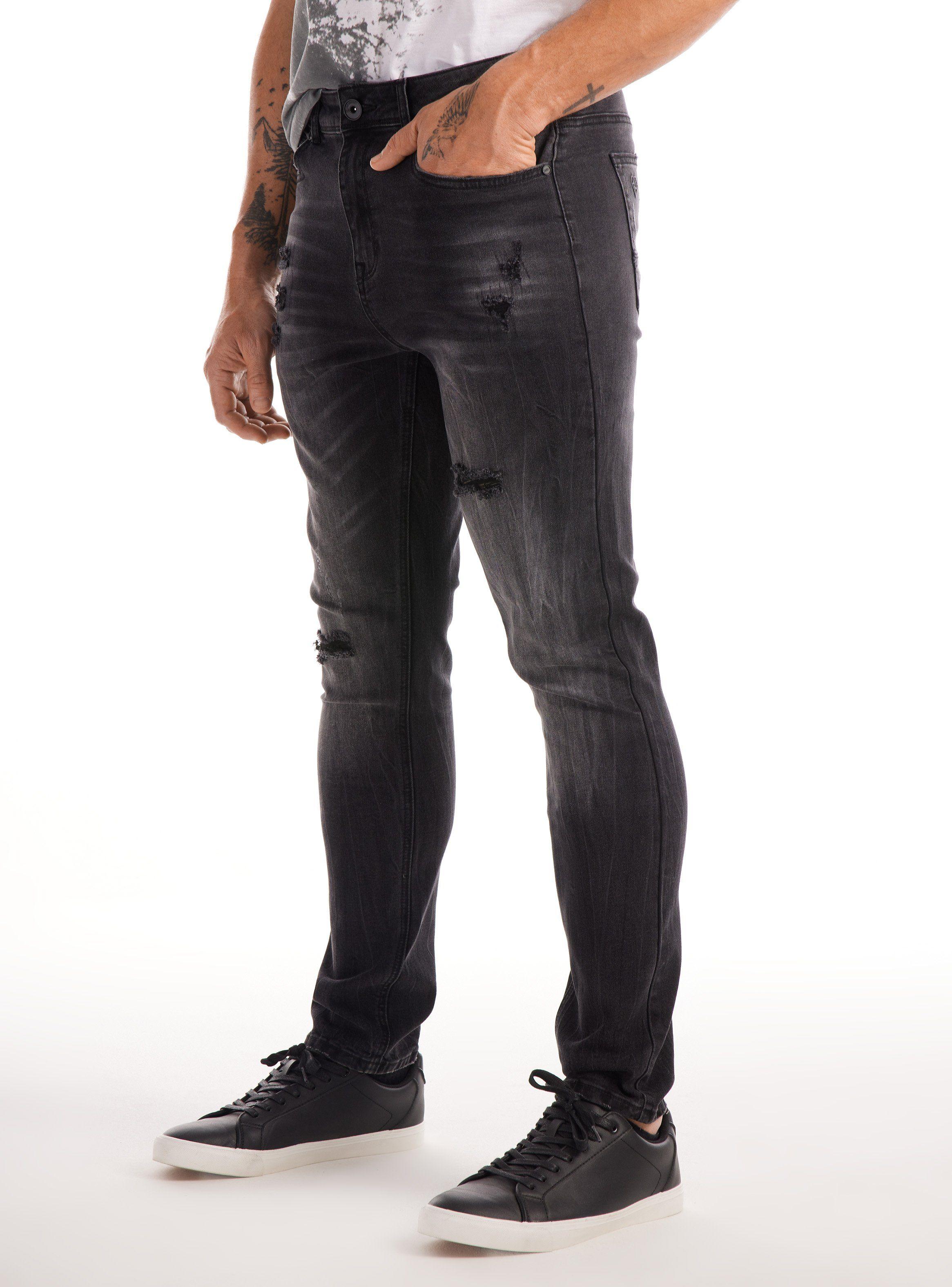 Jeans negro, desgastado y crackelado, roturas con costura-0