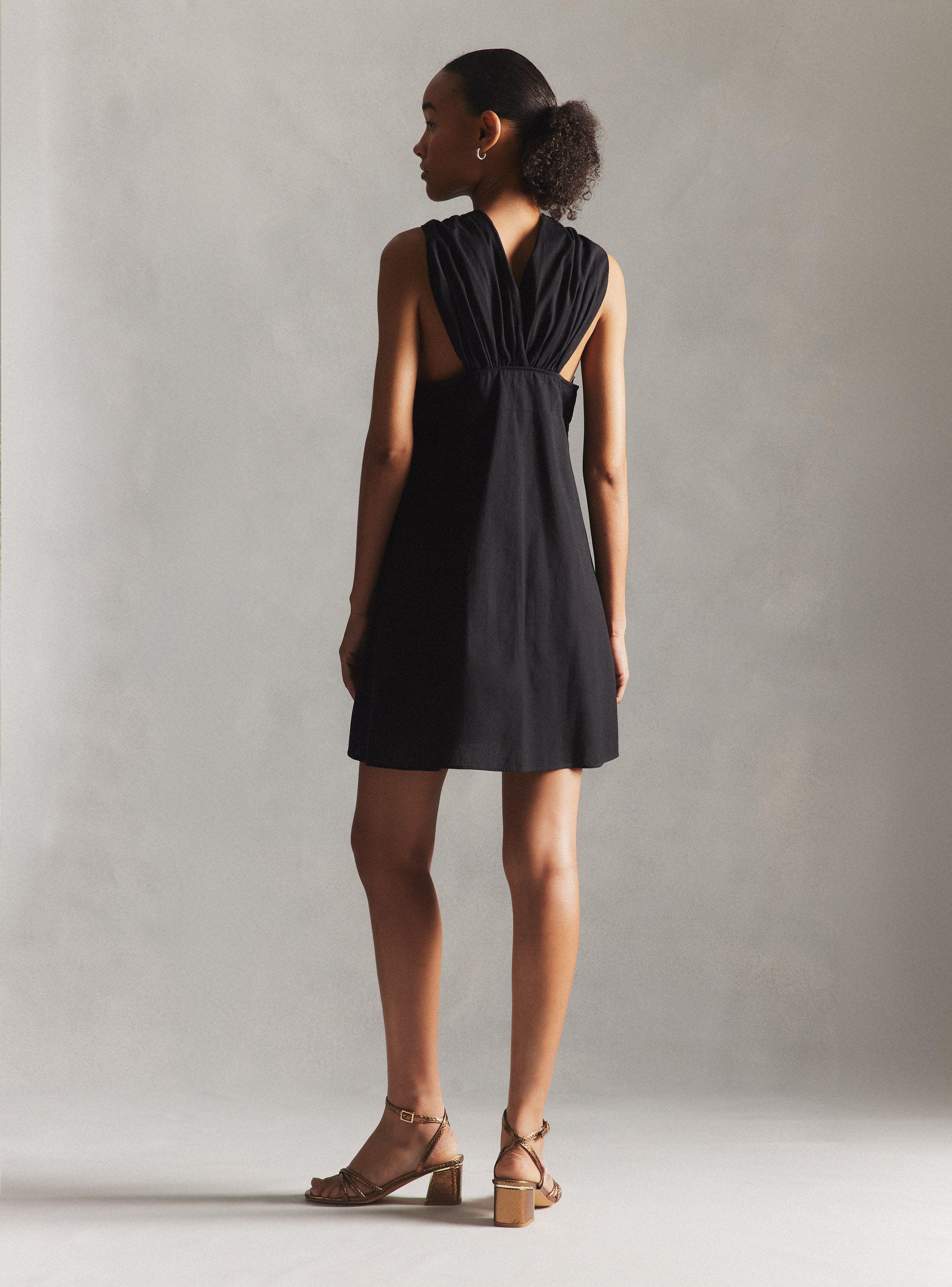 Vestido con Lino Escote Asimétrico y Bordado Hecho en India-5