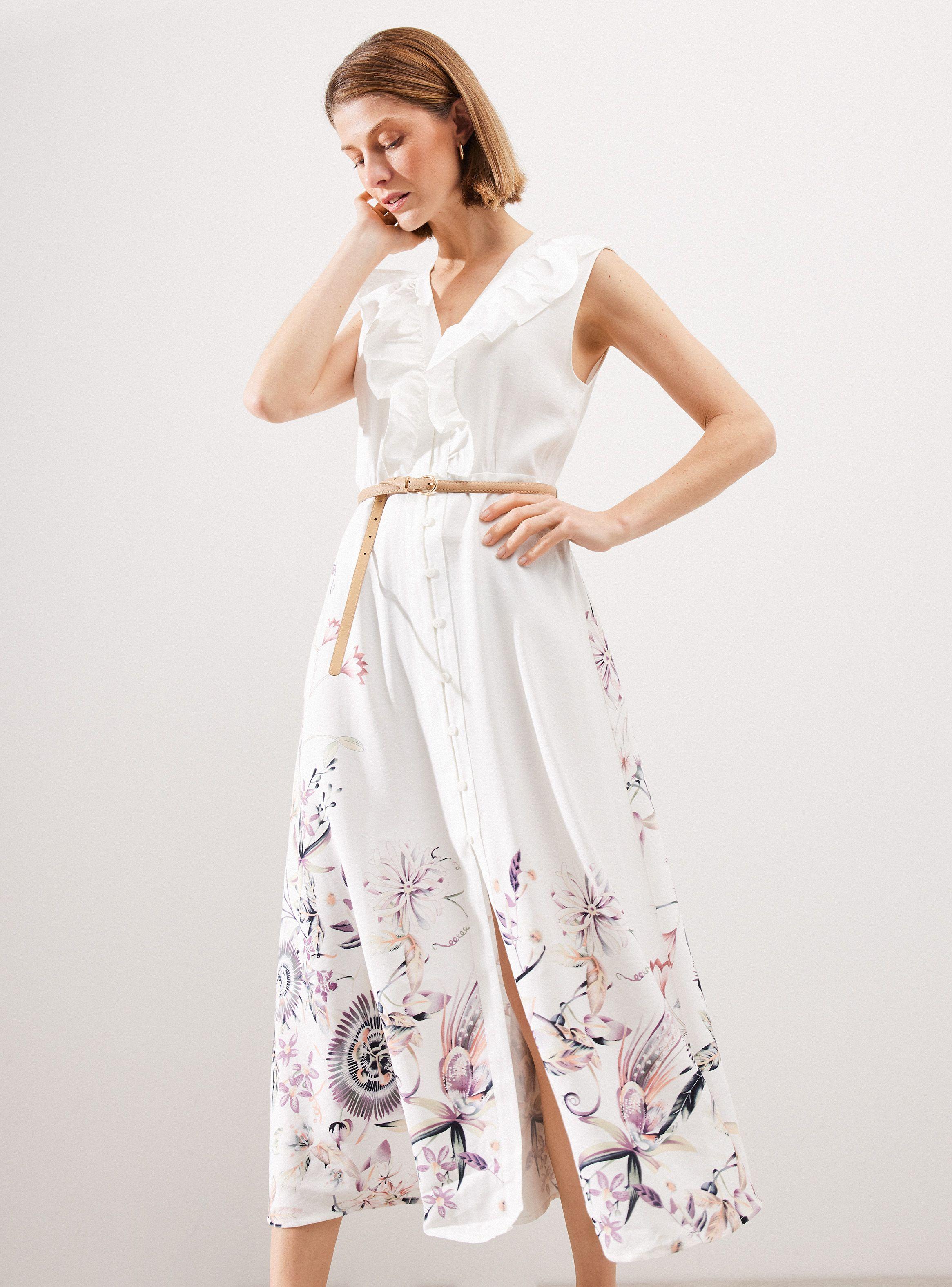 Vestido Estampado con Vuelos en Escote y Cinturón-0