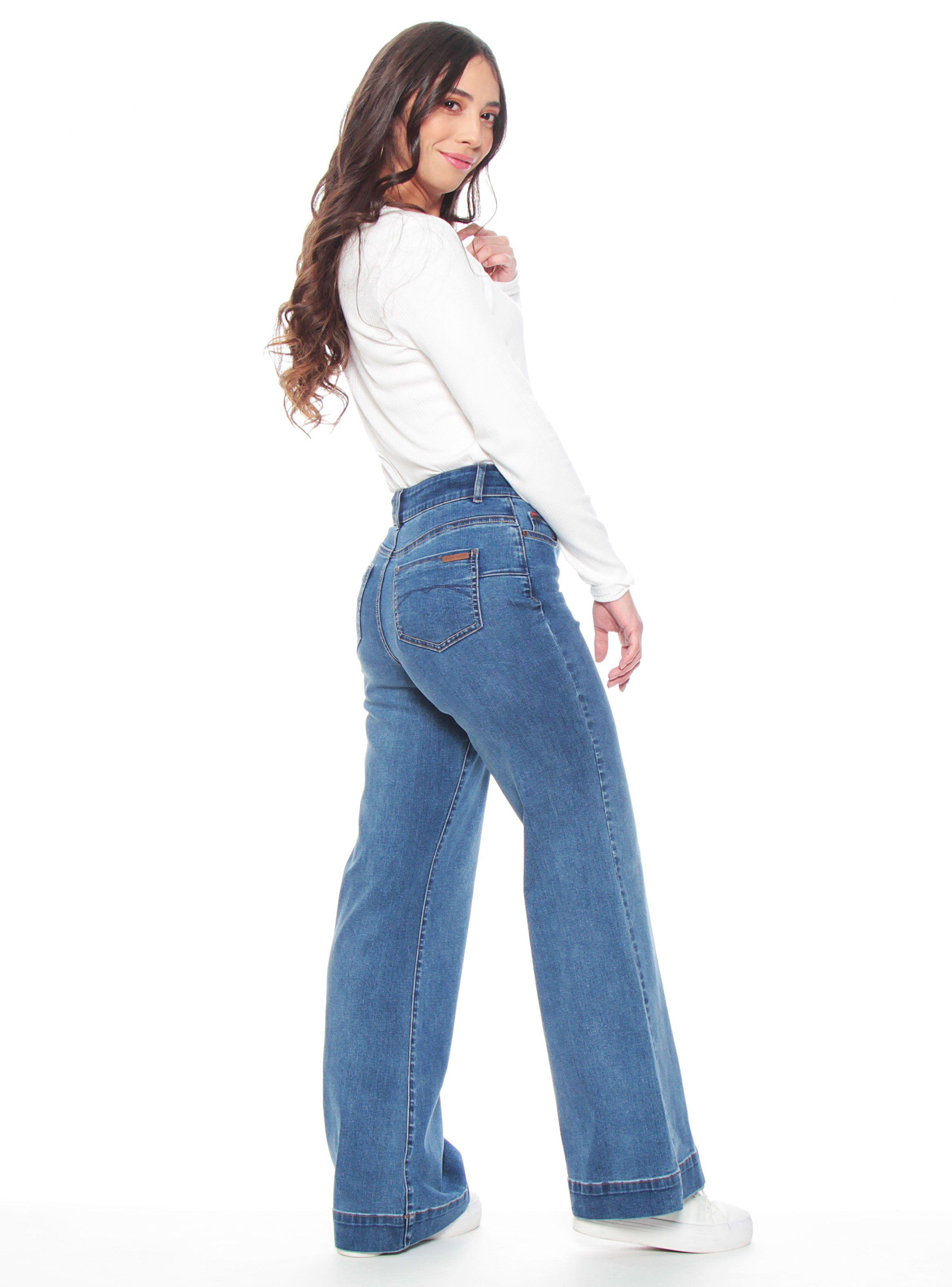 Jeans Flare Tiro Alto Push Up Pretina Botón-4