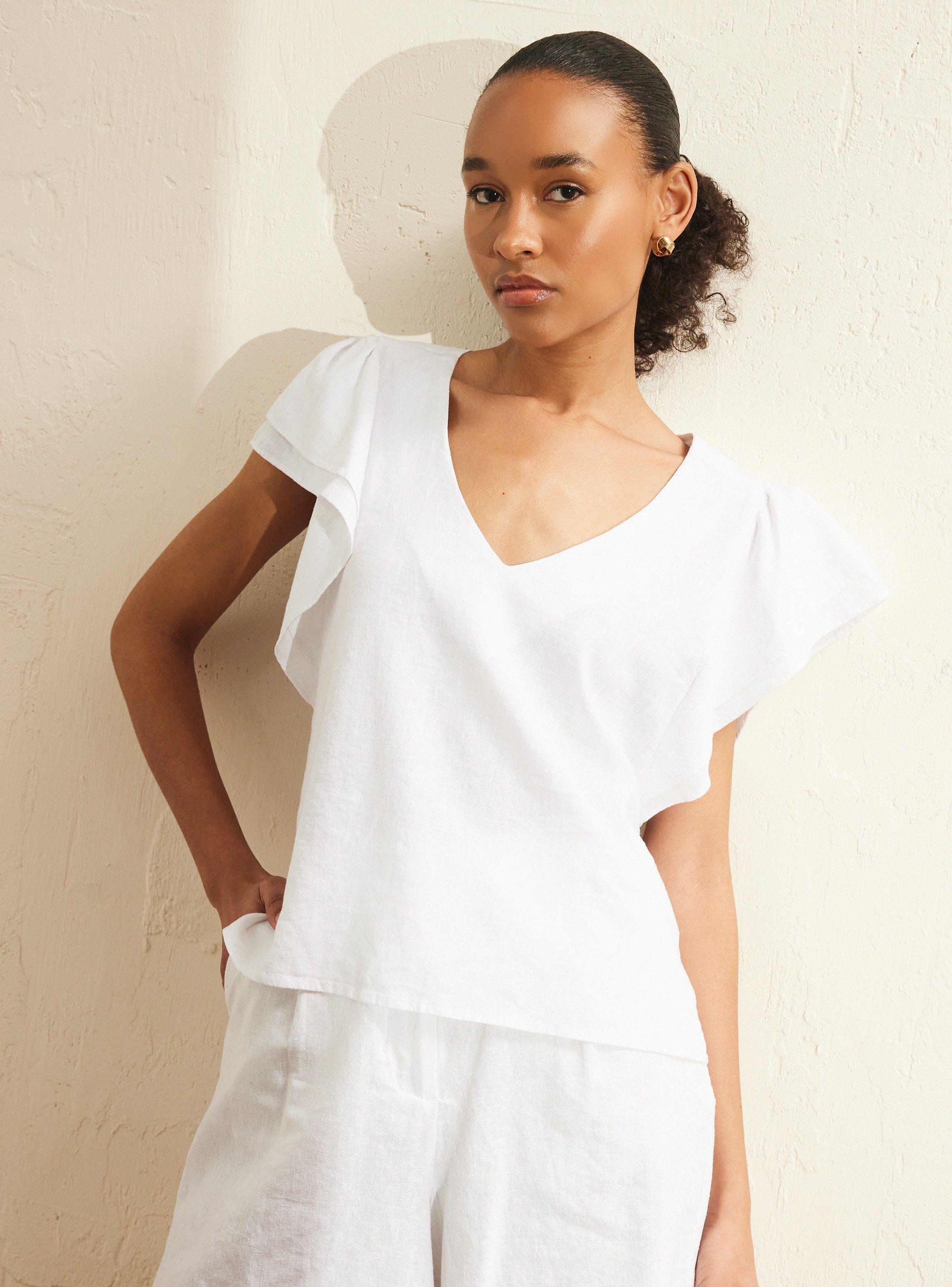 Blusa Cuello V Manga Vuelo con Lino-0