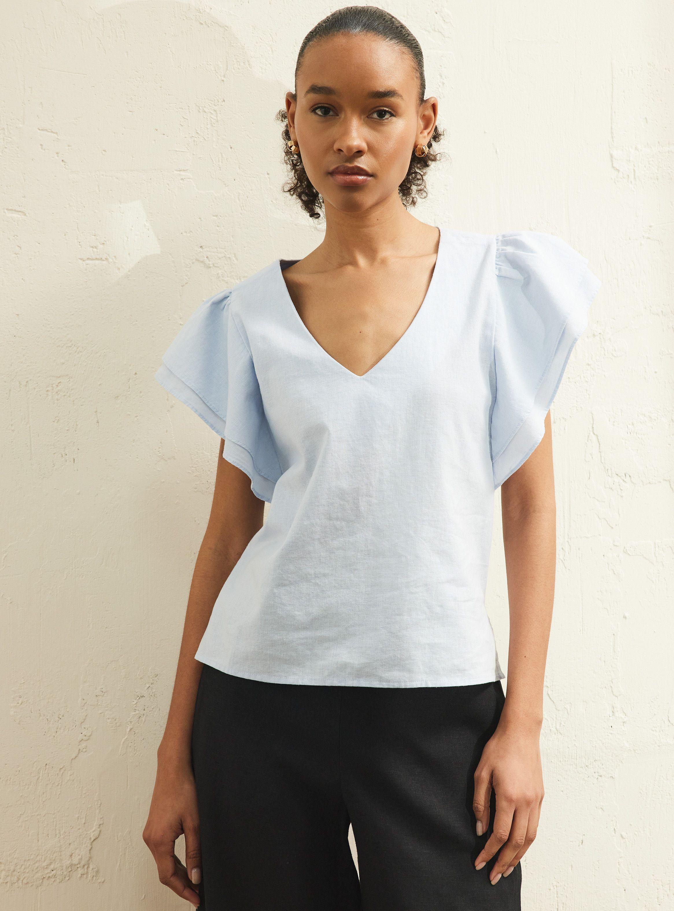 Blusa Cuello V Manga Vuelo con Lino-0