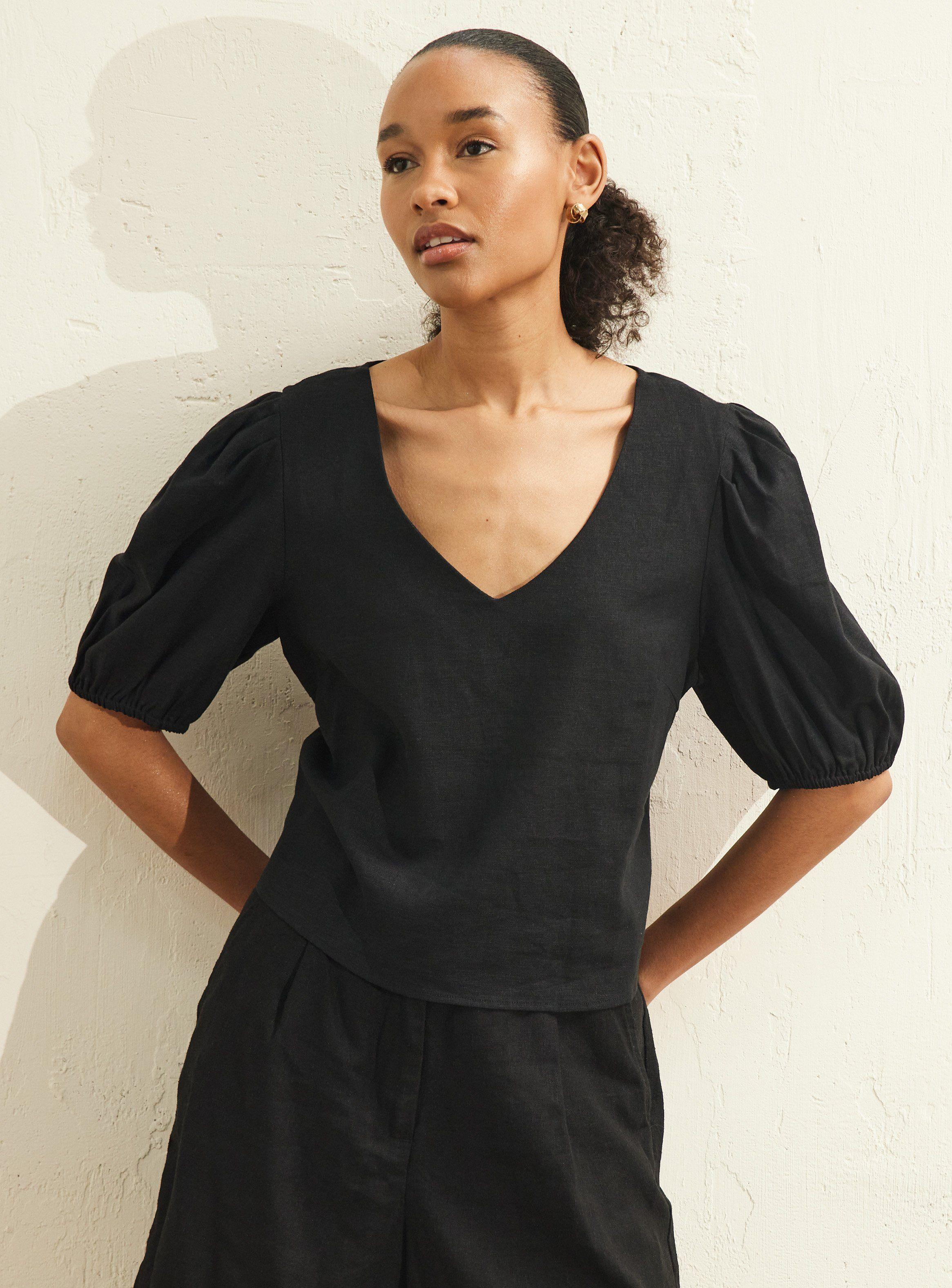 Blusa Manga Abullonada con Lino-0