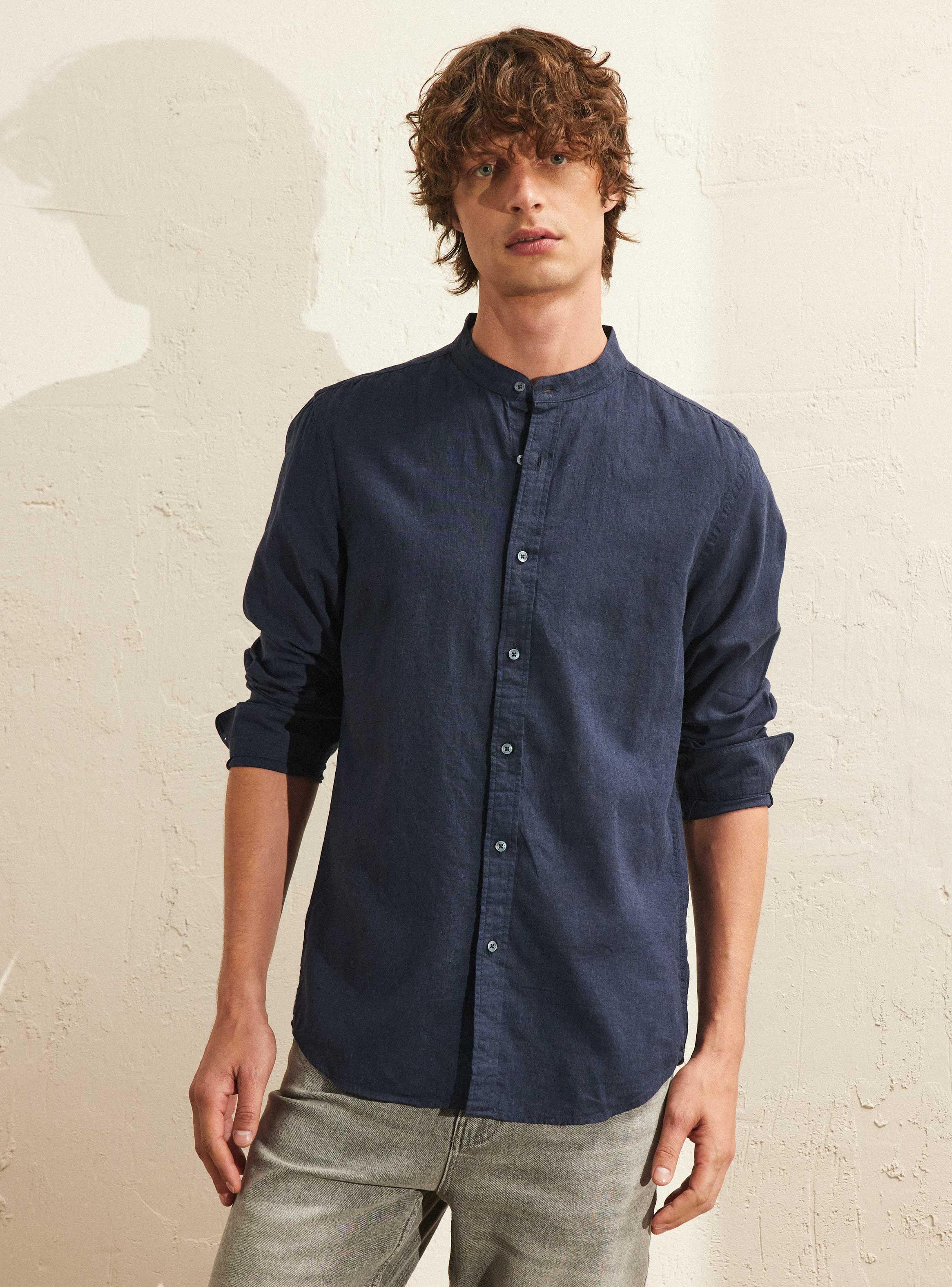 Camisa Cuello Mao Lino Algodón Manga Larga-0