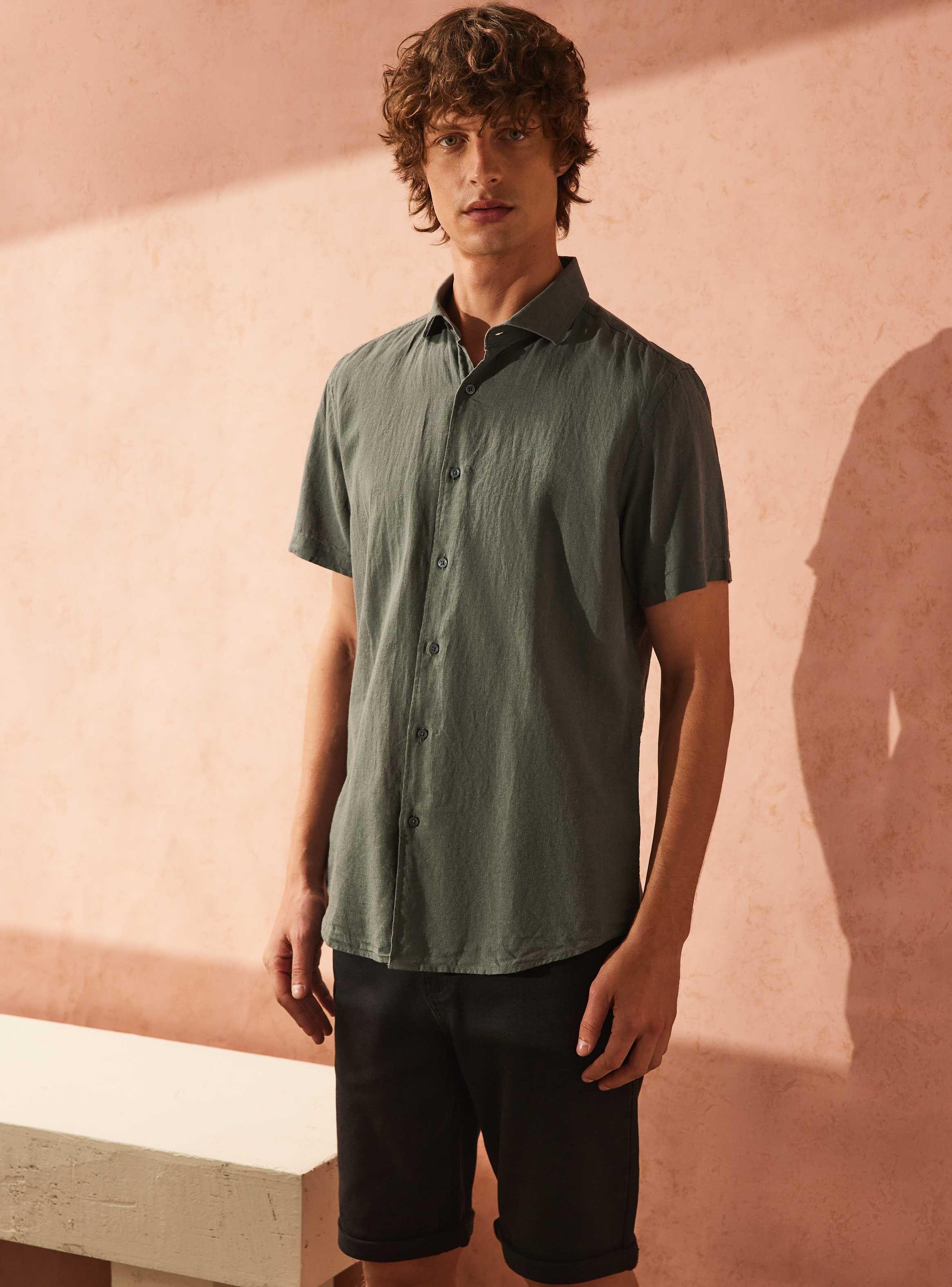 Camisa Básica Algodón Lino Manga Corta-0