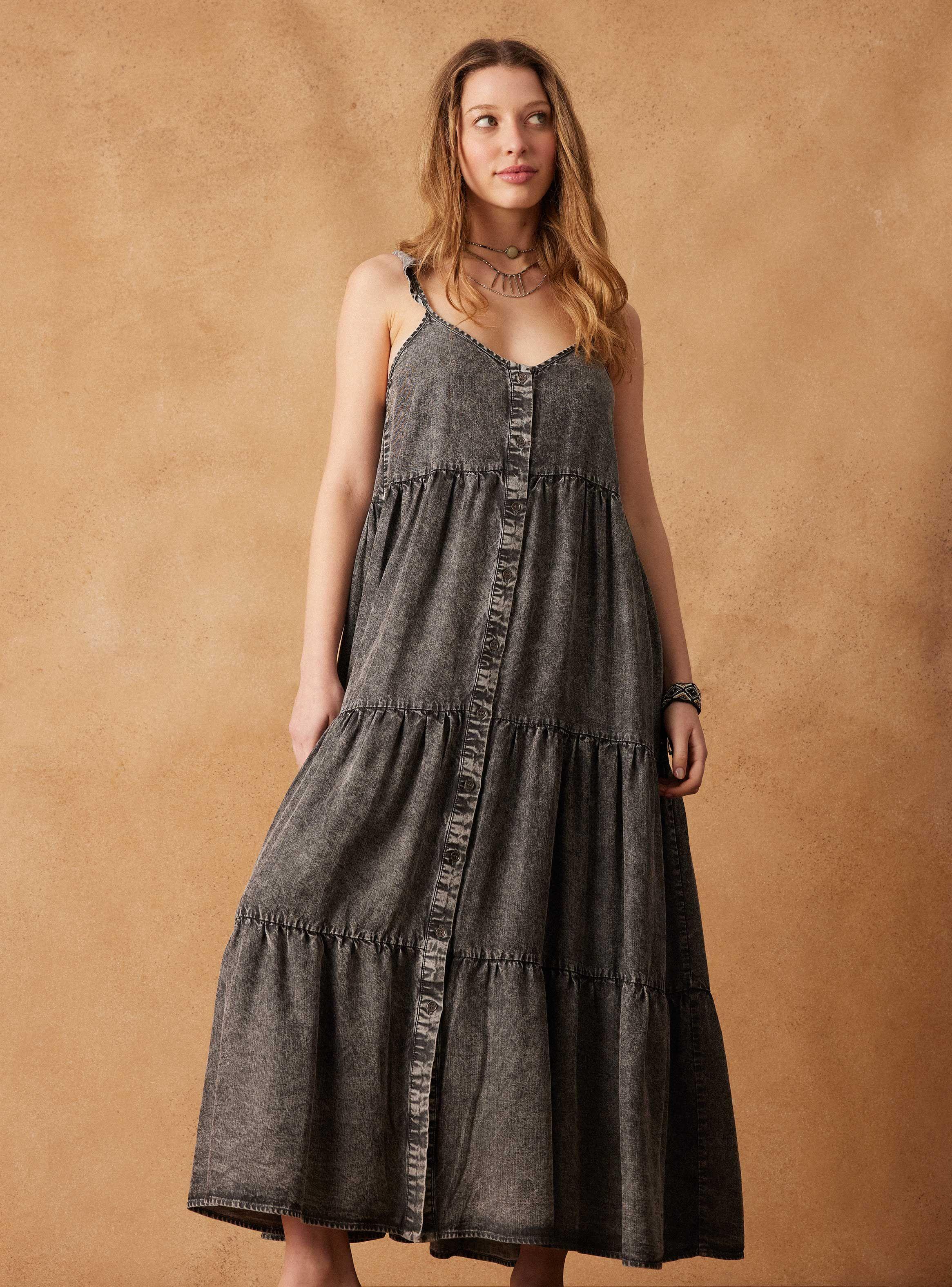Vestido Look Denim con Cortes y Vuelos en Tirantes-0