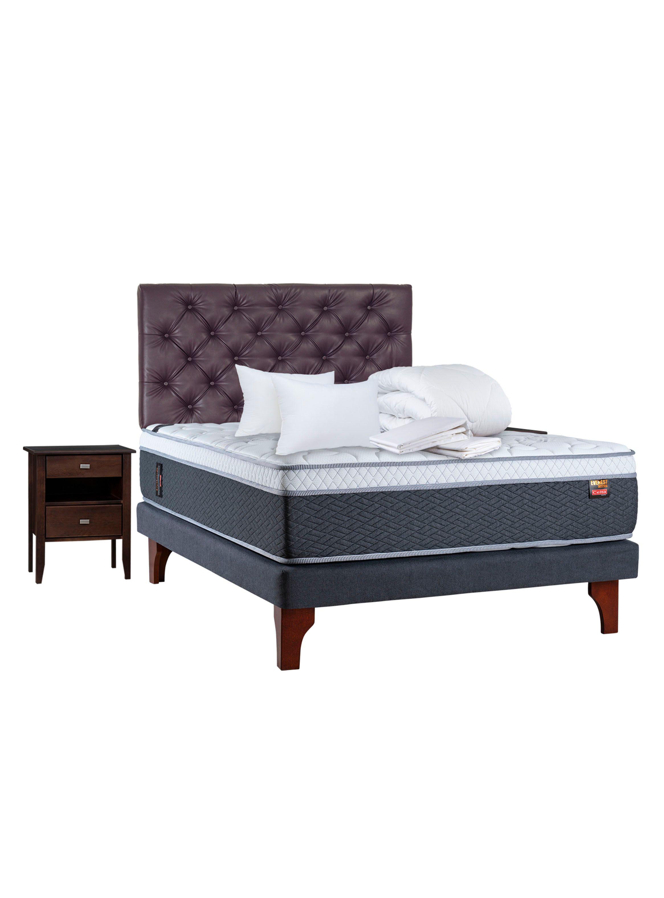 Cama Europea Everest 2 Plazas Base Normal + Set Muebles Capitoné + Textil-0