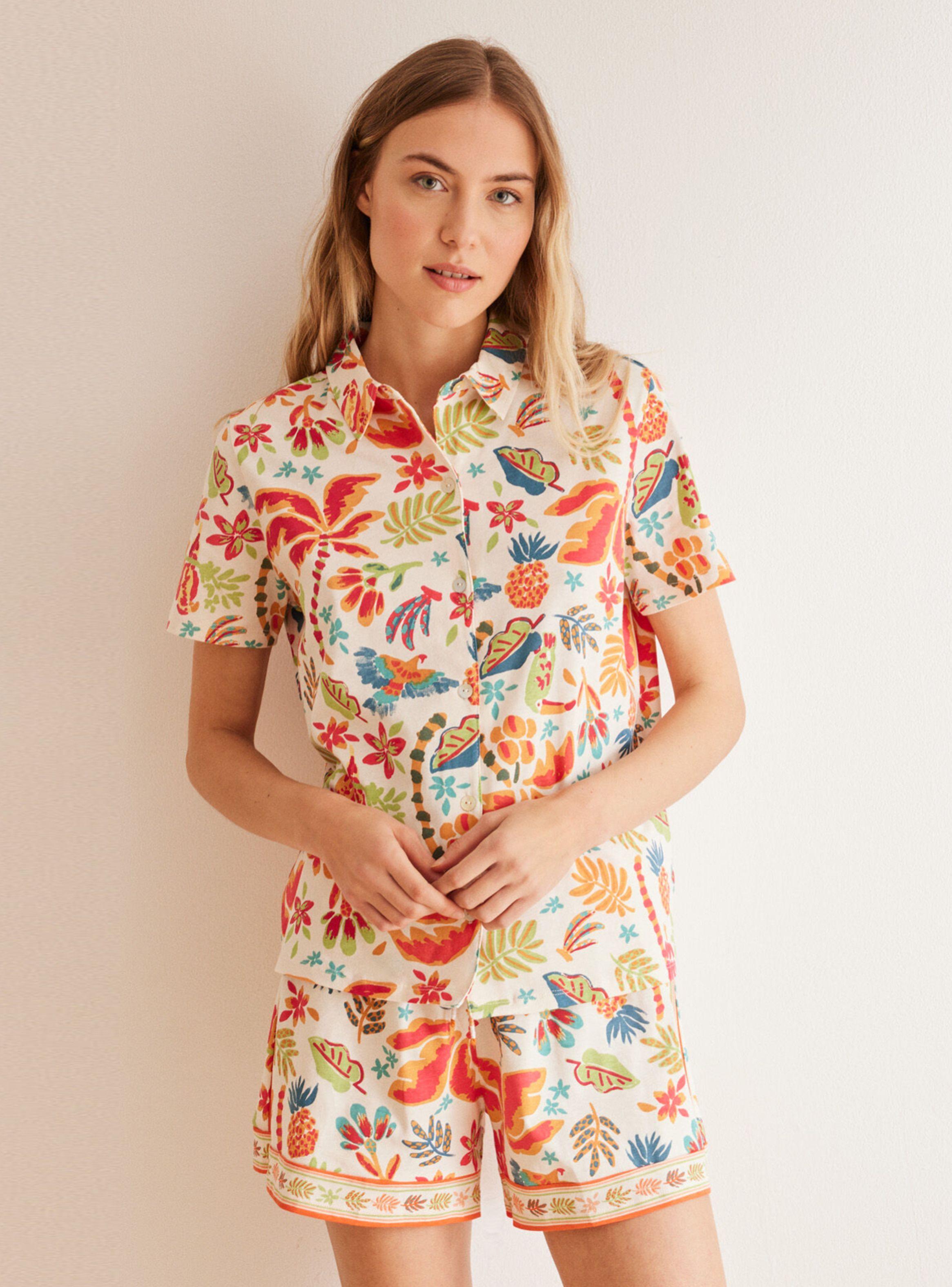 Pijama Camisero Algodón Shorts Tropical-0