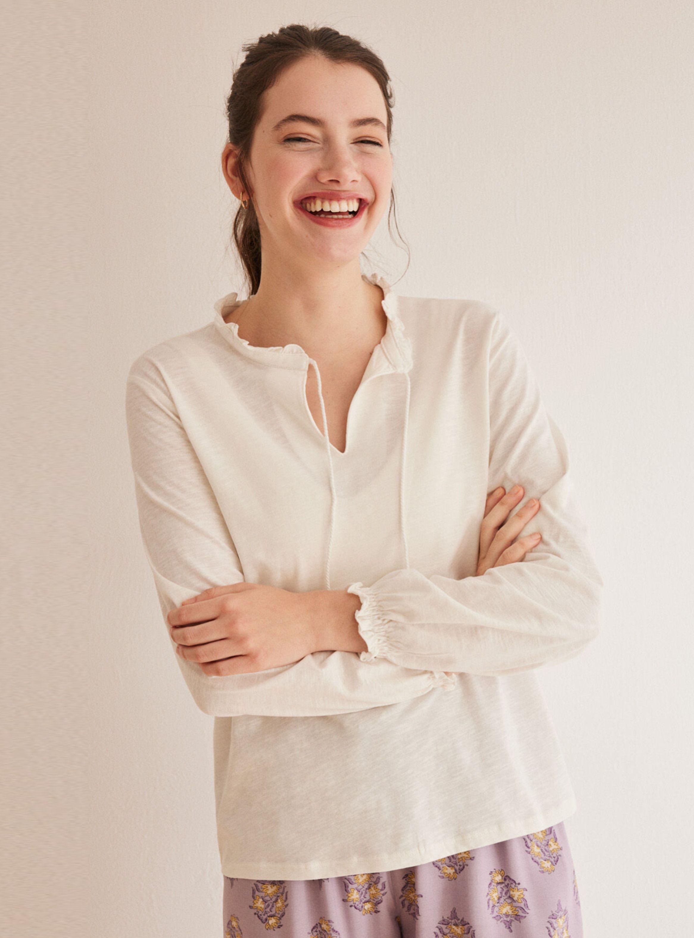 Polera Manga Larga Blanca Escote Algodón-0