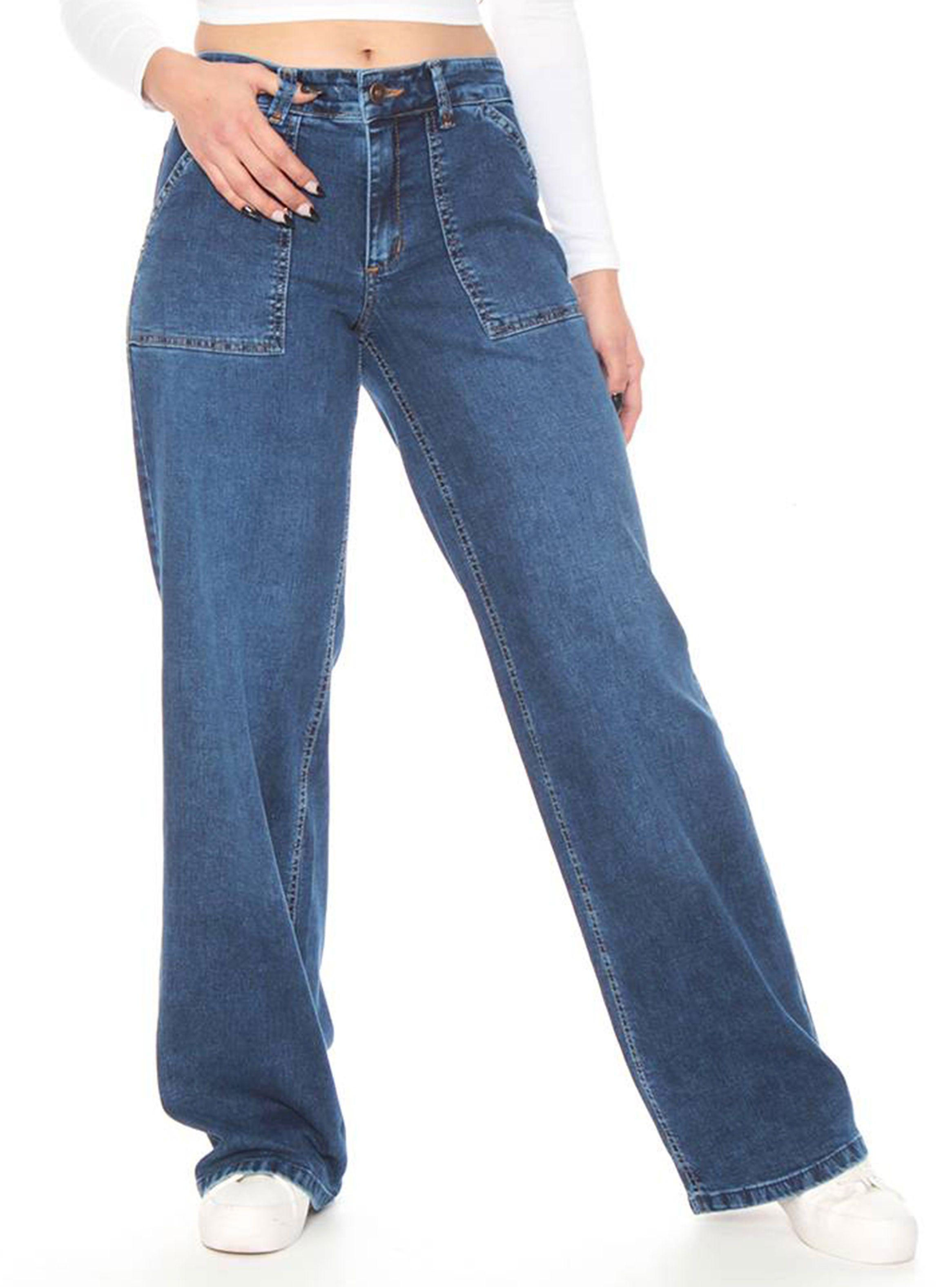 Jeans Cargo Wide Leg Push Up Tiro Alto Pretina Un Botón-0
