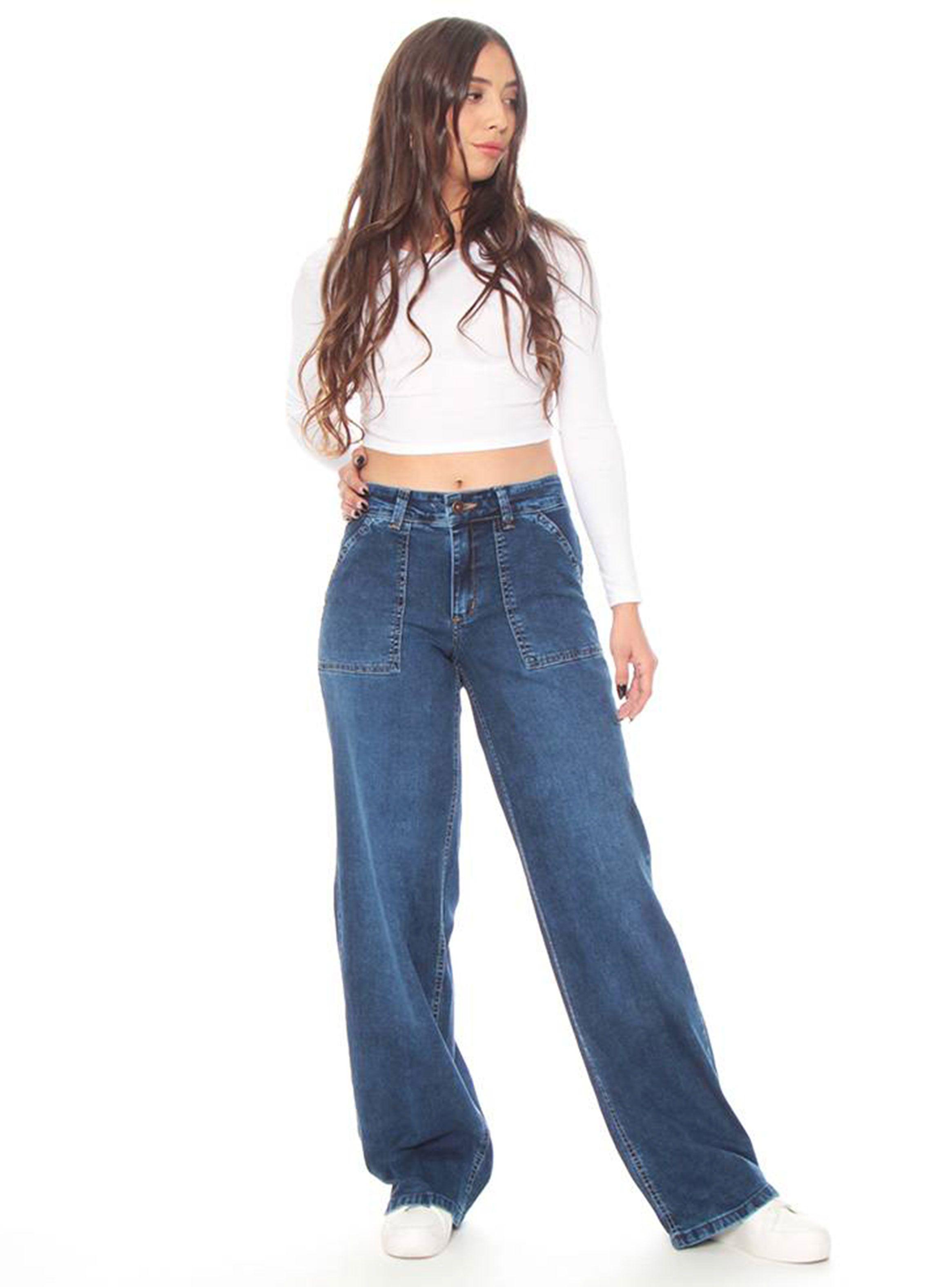 Jeans Cargo Wide Leg Push Up Tiro Alto Pretina Un Botón-3