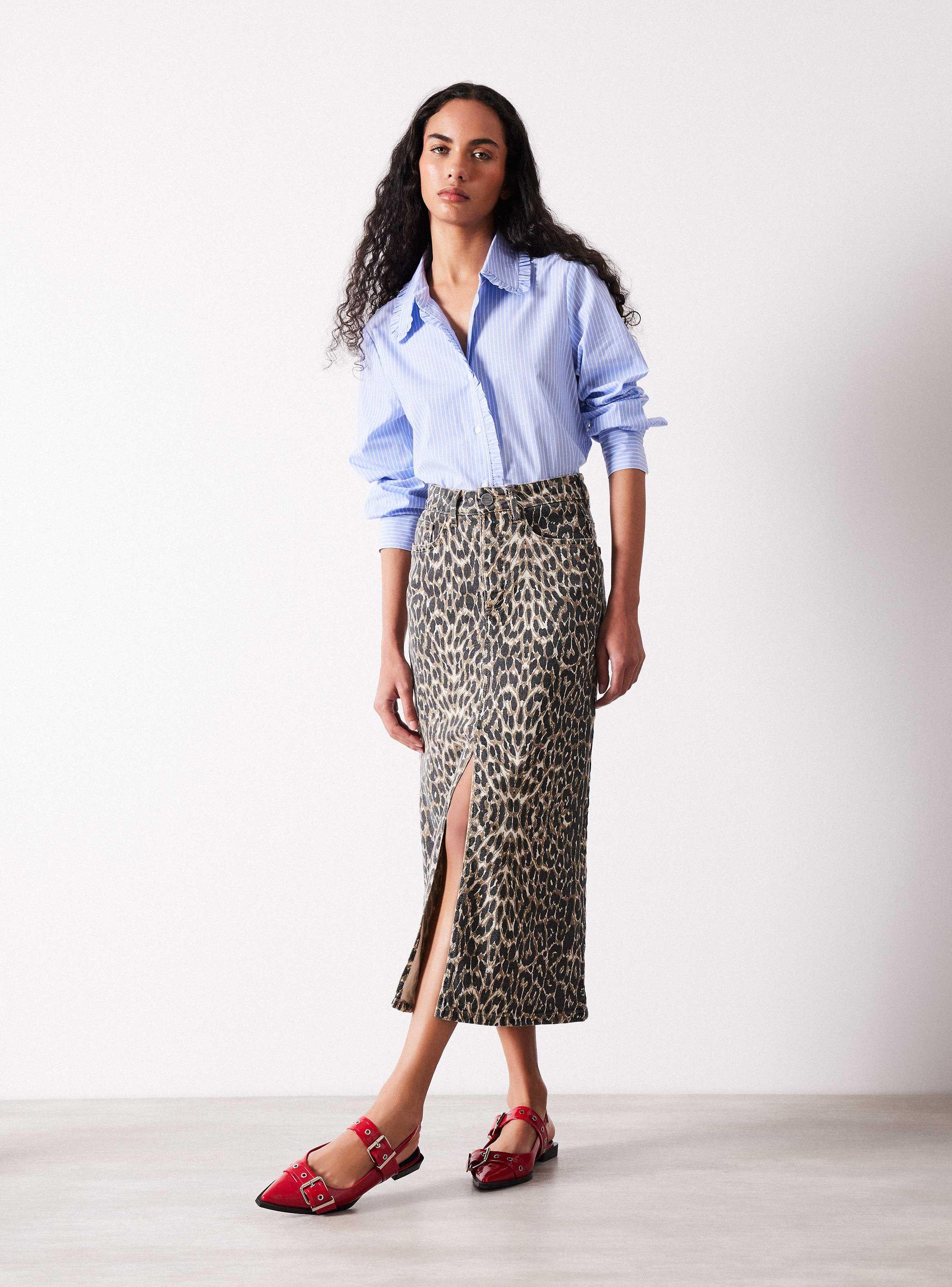 Falda Animal Print Midi con Abertura Delantera-4
