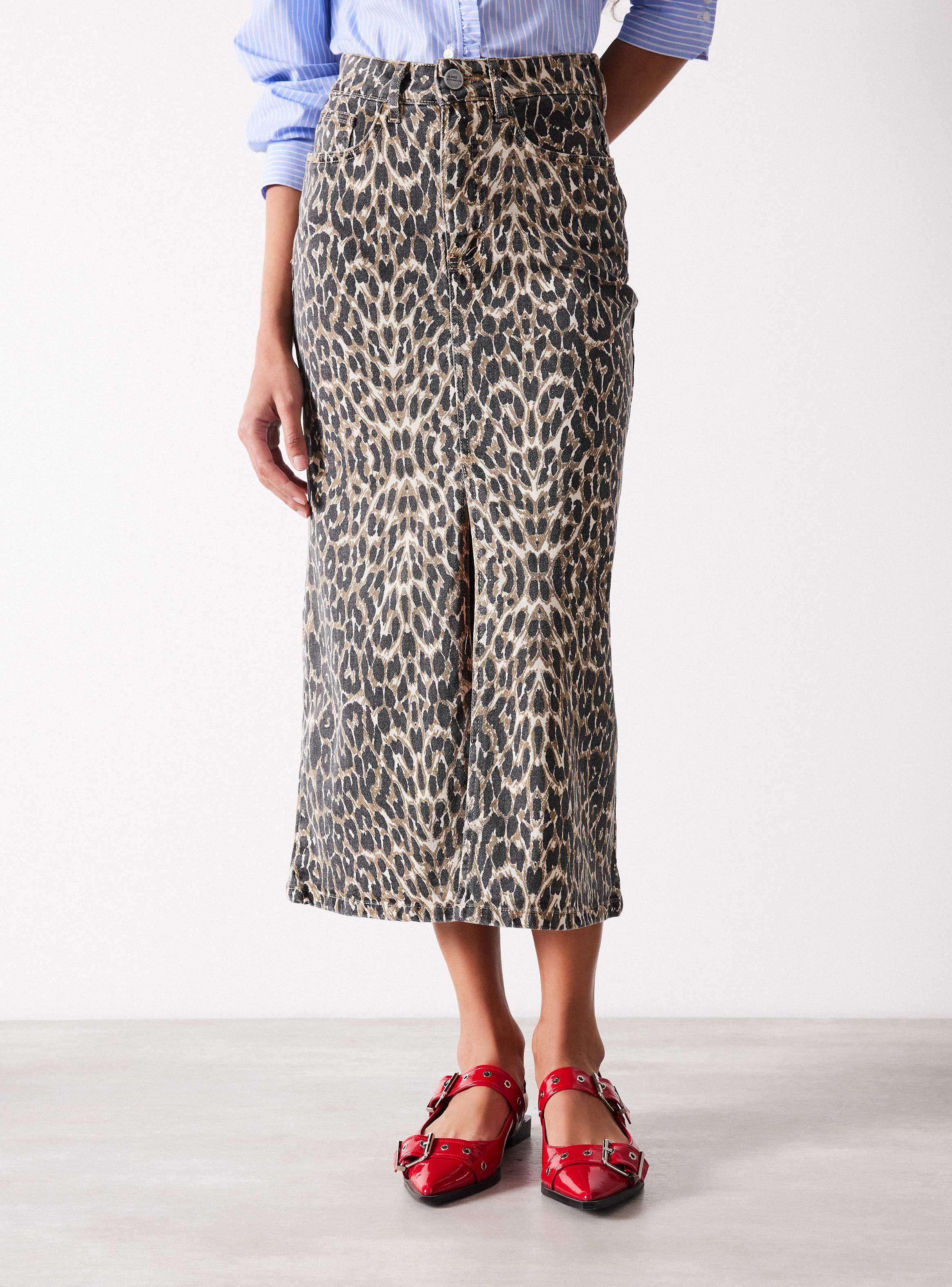 Falda Animal Print Midi con Abertura Delantera-0