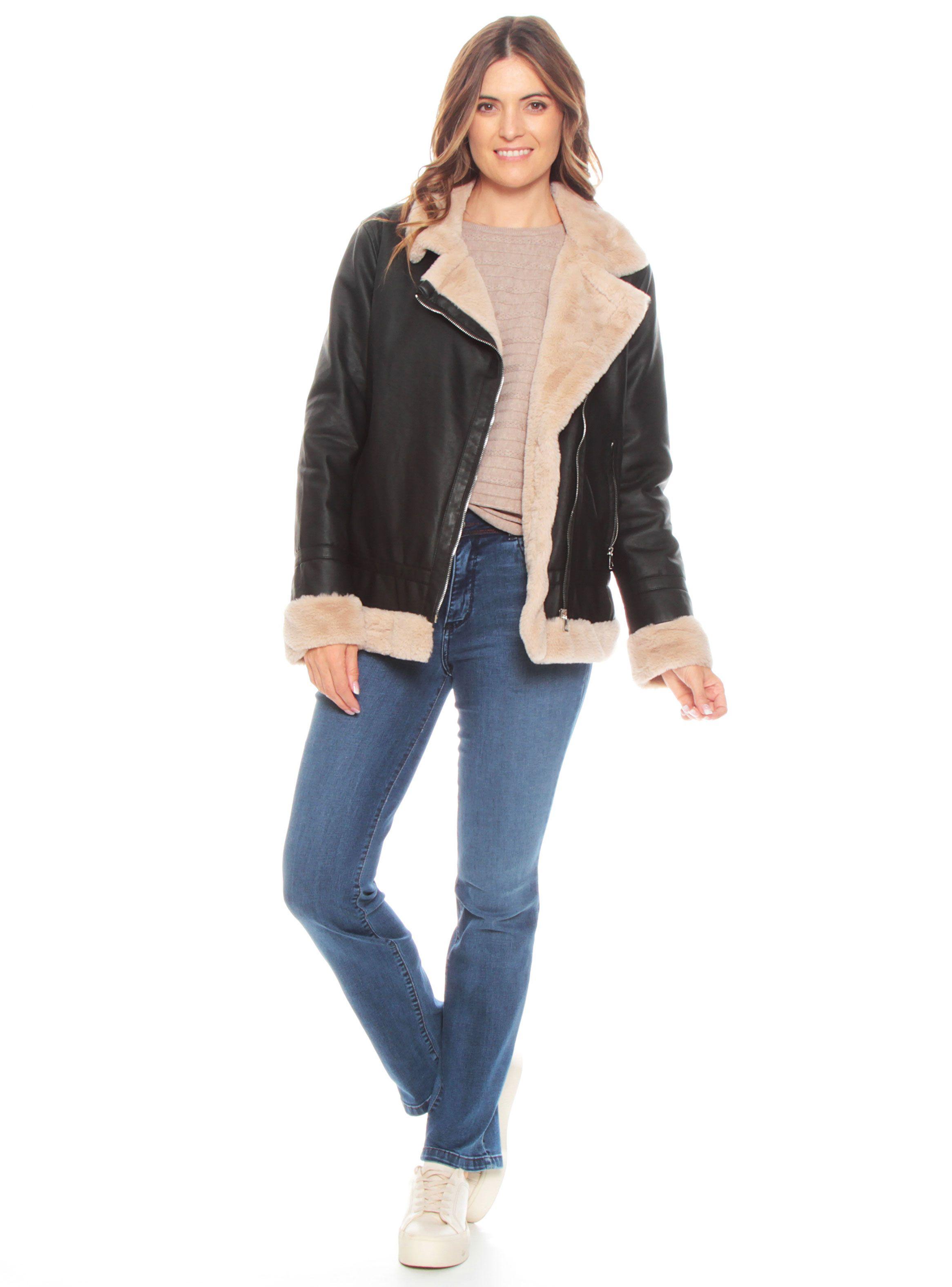 Chaqueta Cuero Ecológico Forrada Con Cierre Cruzado-3