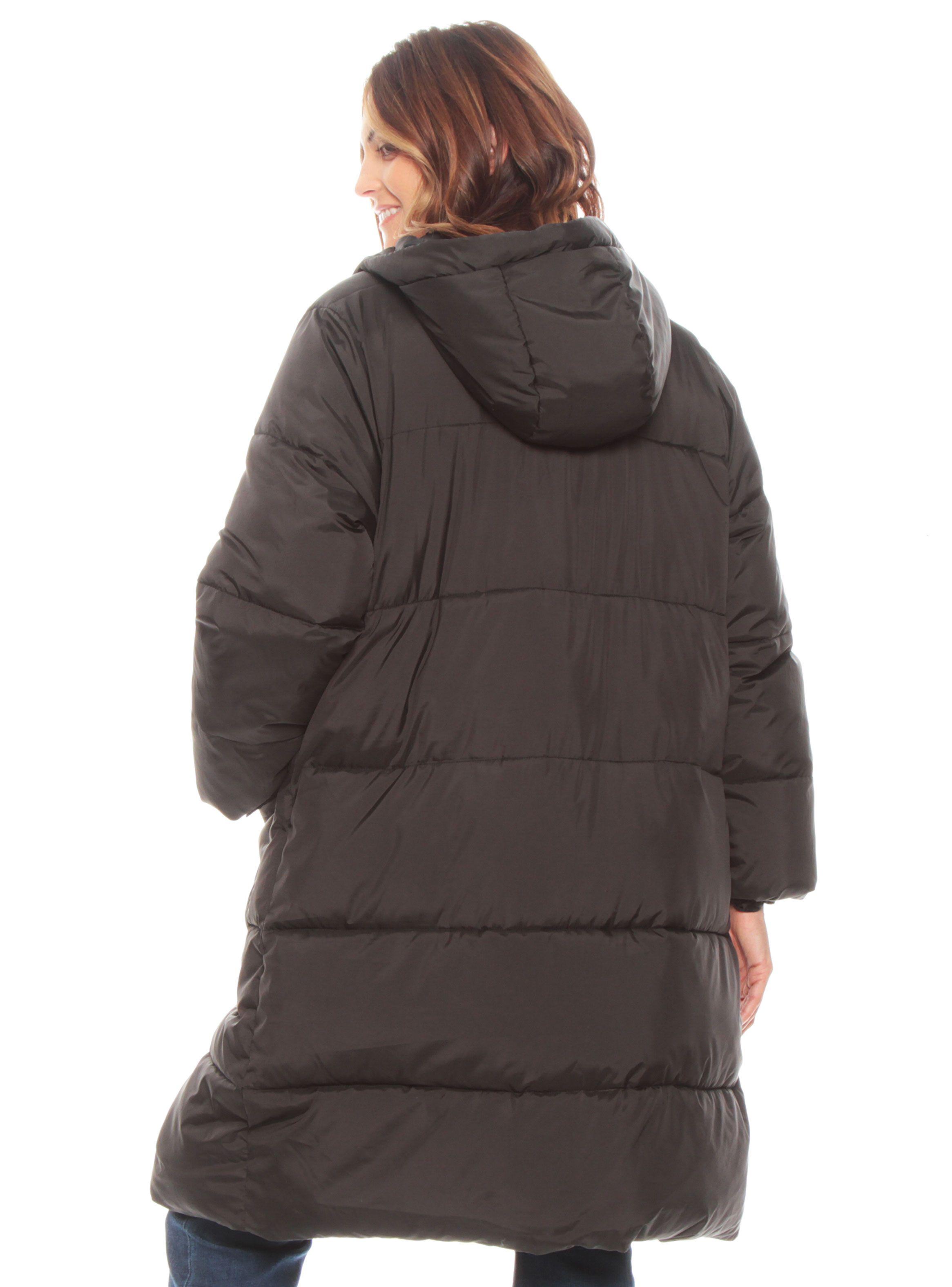 Parka Larga Manga Larga Sólida Acolchada Con Bolsillos-1