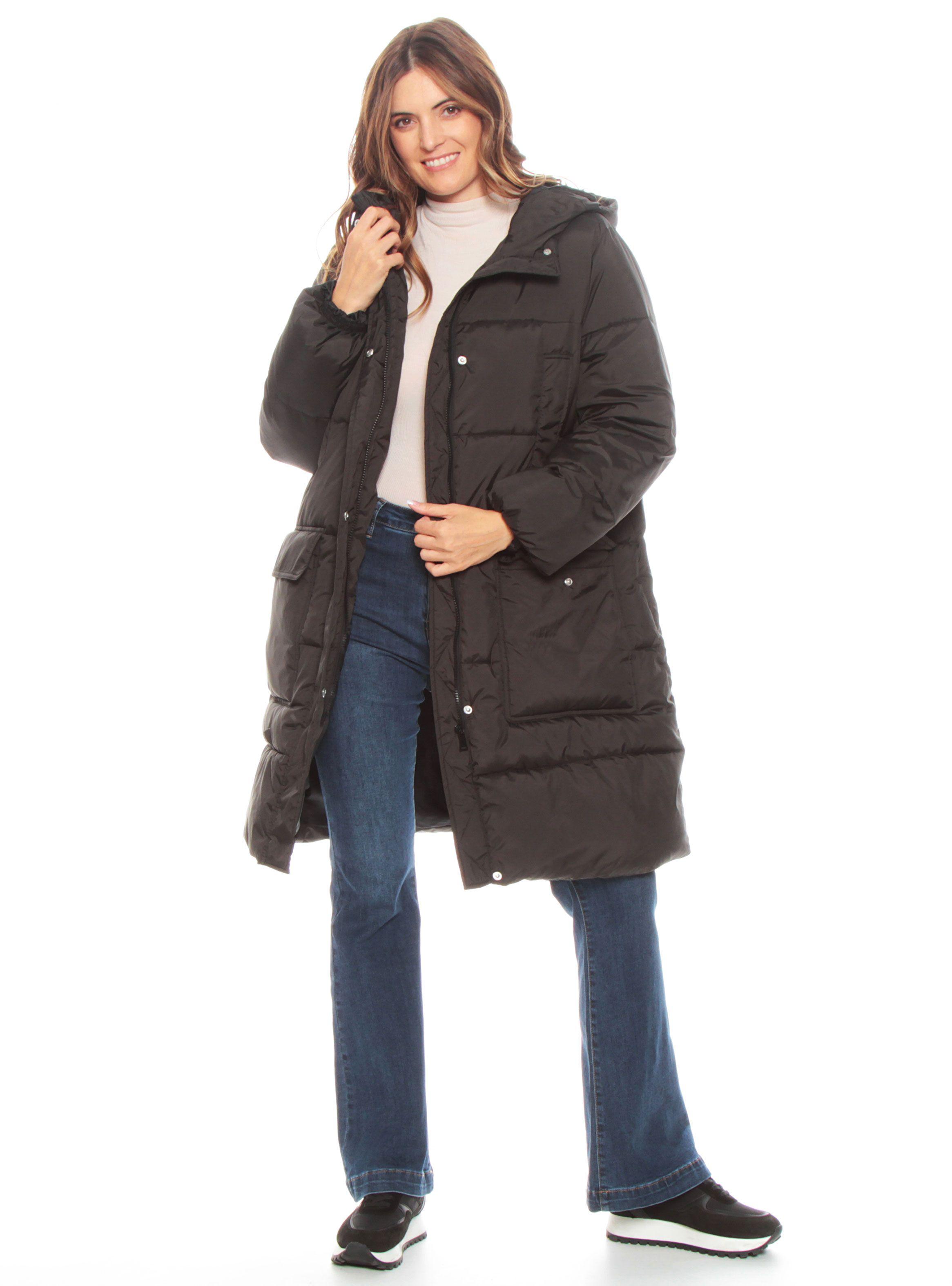 Parka Larga Manga Larga Sólida Acolchada Con Bolsillos-3
