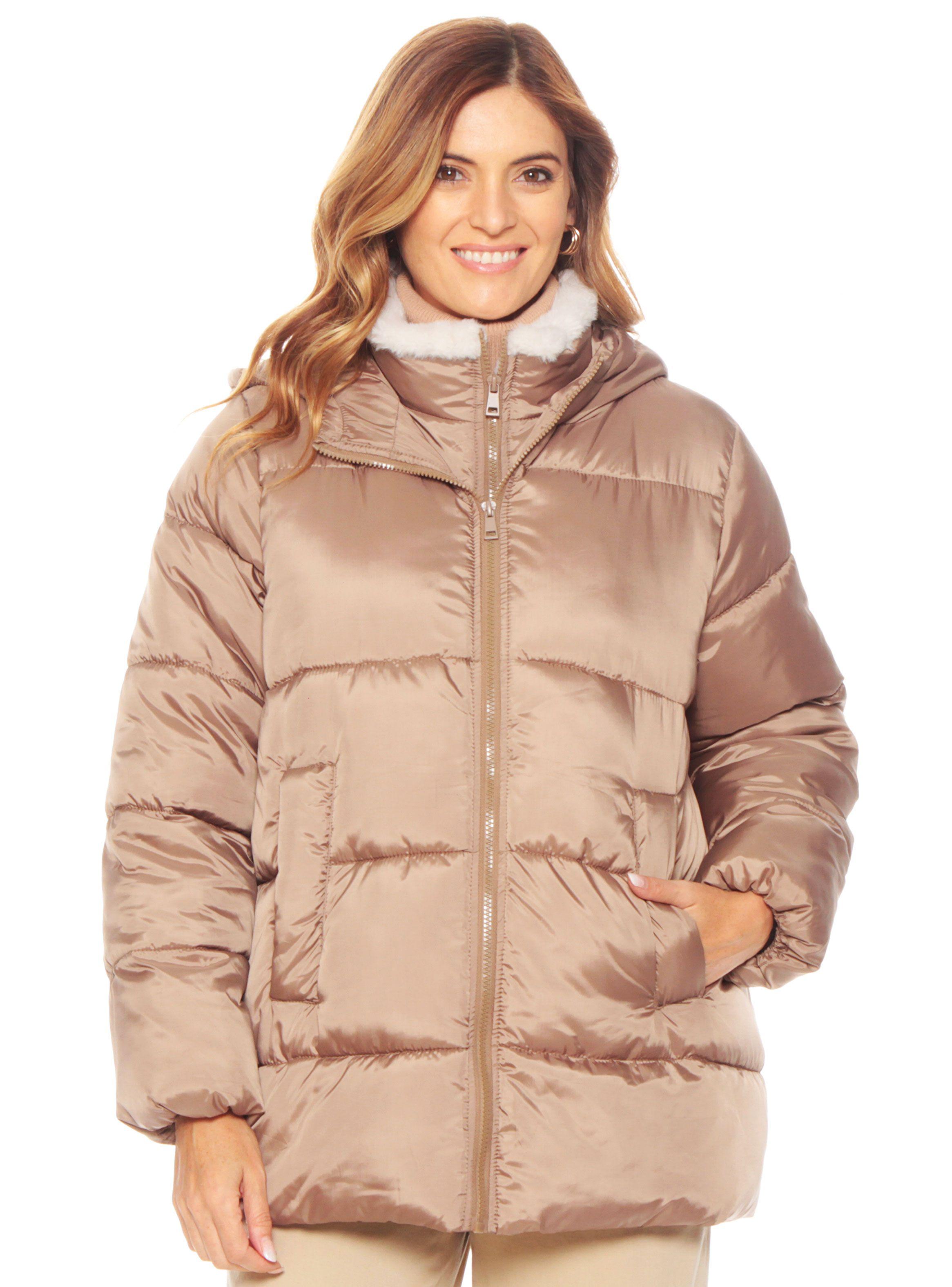 Parka Manga Larga Puffer con Cierre y Capucha Sólido-0