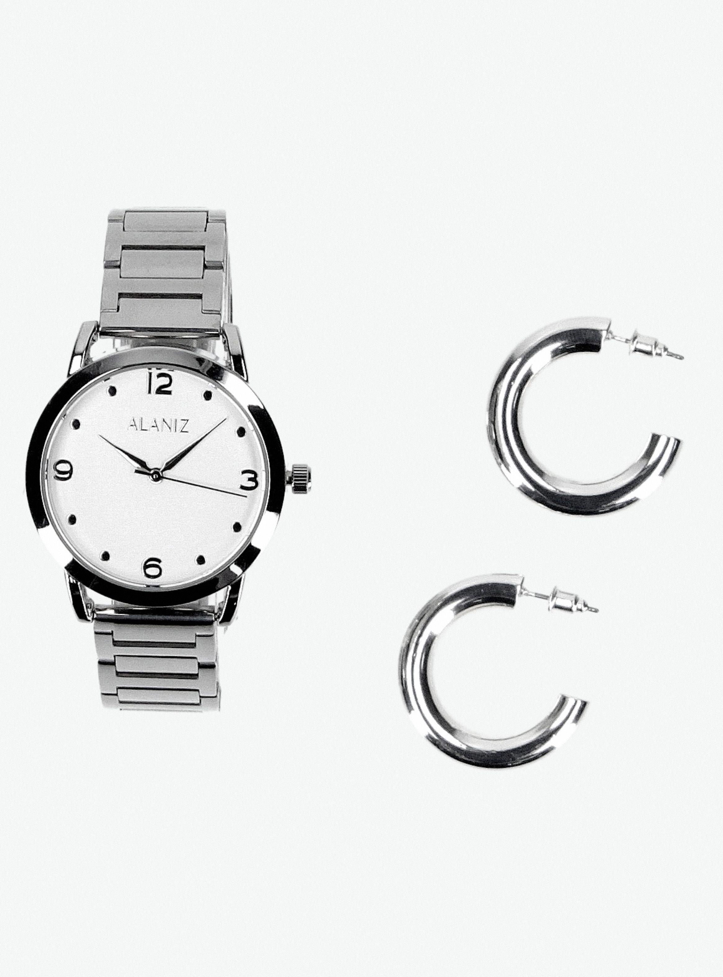 Pack Reloj Análogo Plata Mujer + Aros-1