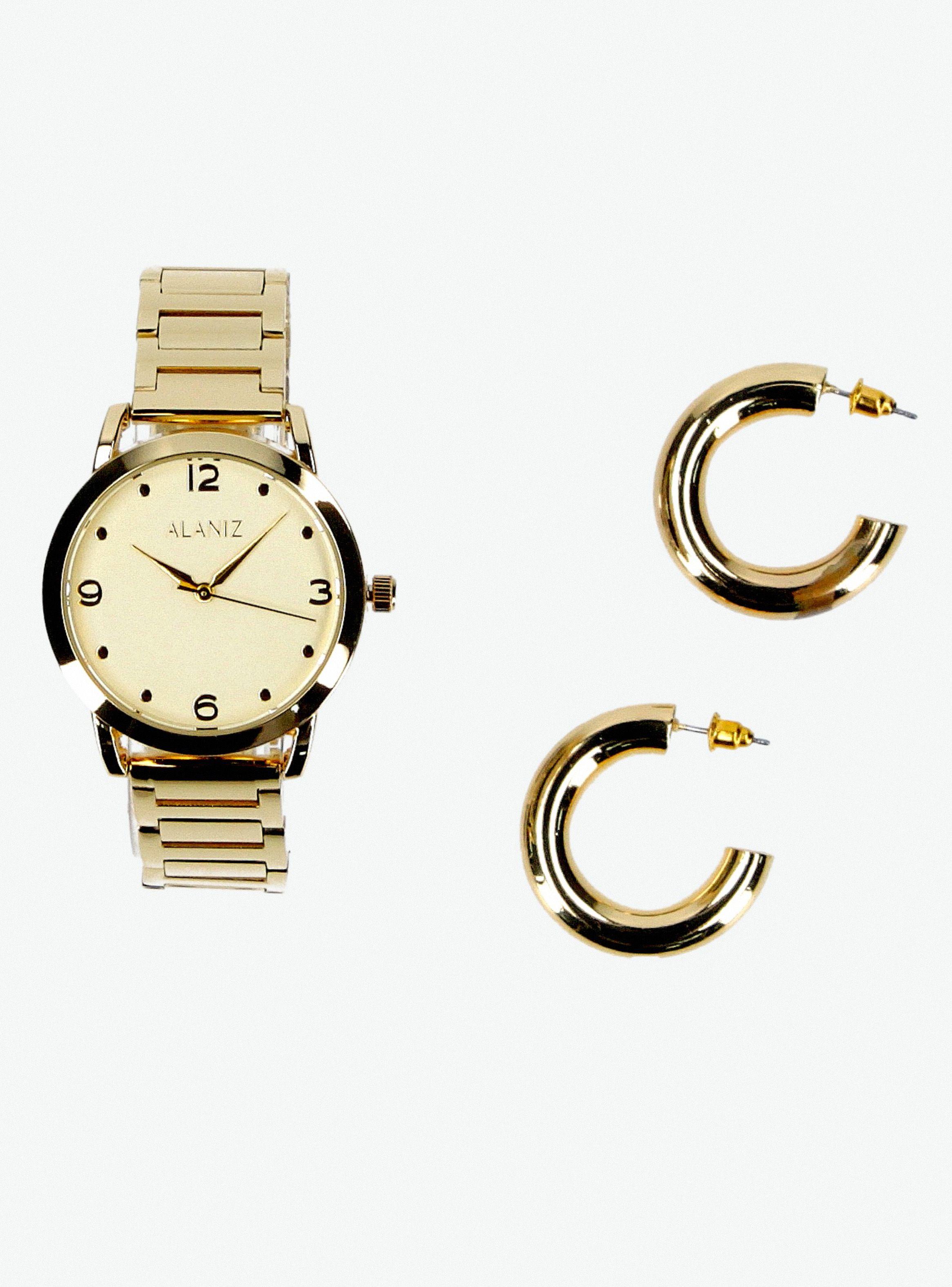 Pack Reloj Análogo Dorado Mujer + Aros-1