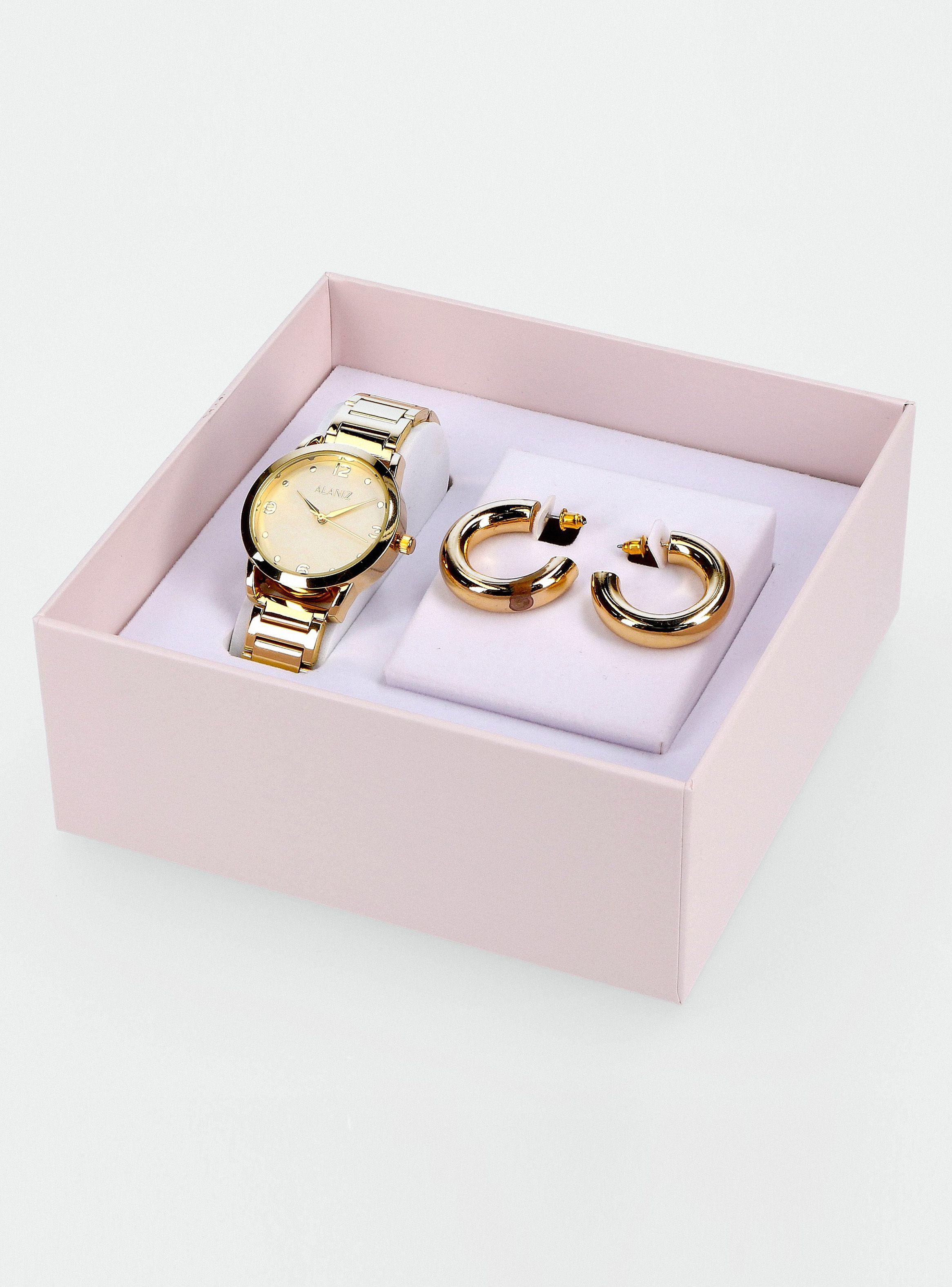 Pack Reloj Análogo Dorado Mujer + Aros-3
