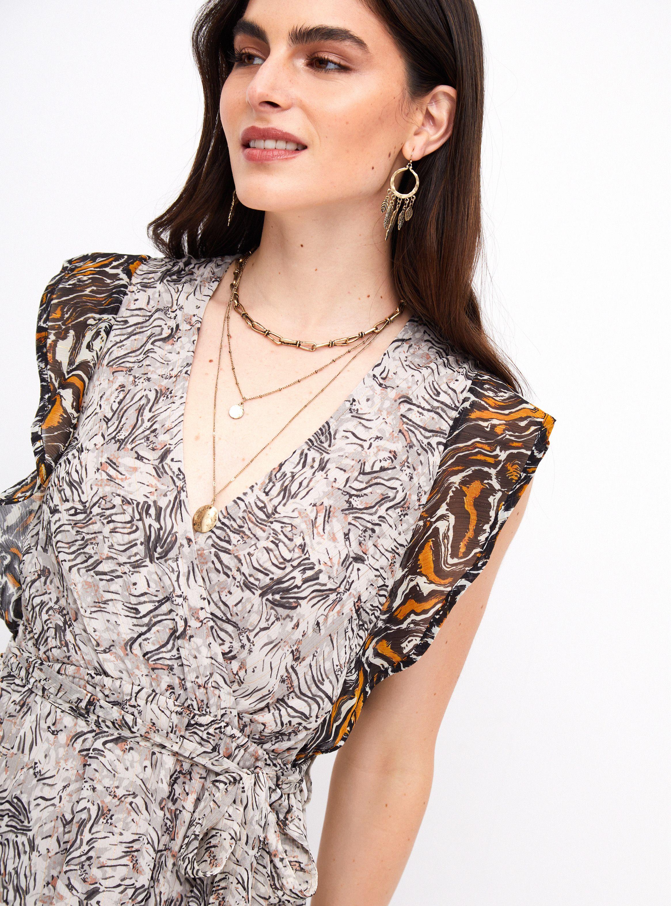 Vestido con Estampado y Lurex Mangas con Vuelos-2
