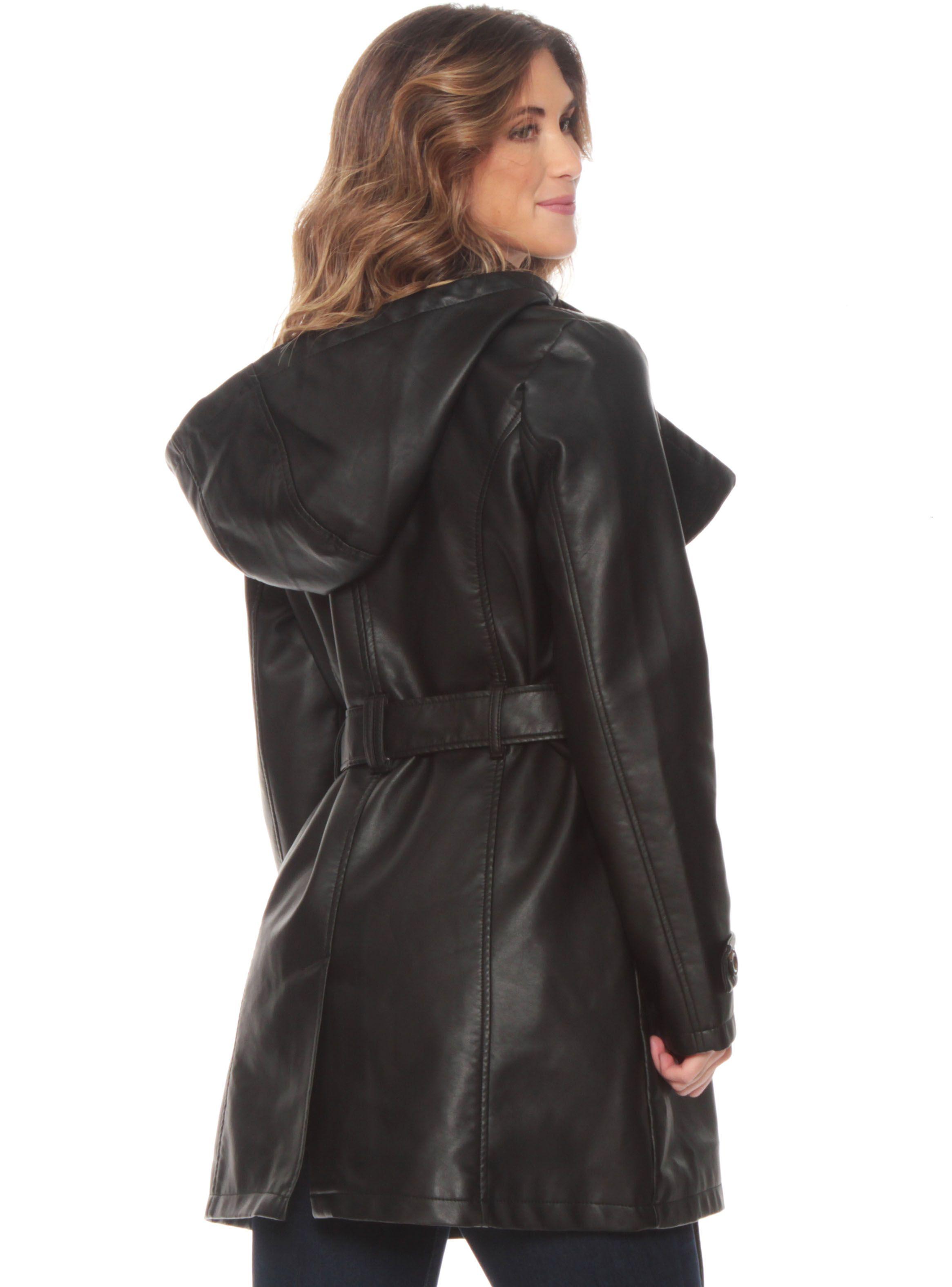 Chaqueta Trench Manga Larga Con Capucha Cuero Ecológico-1