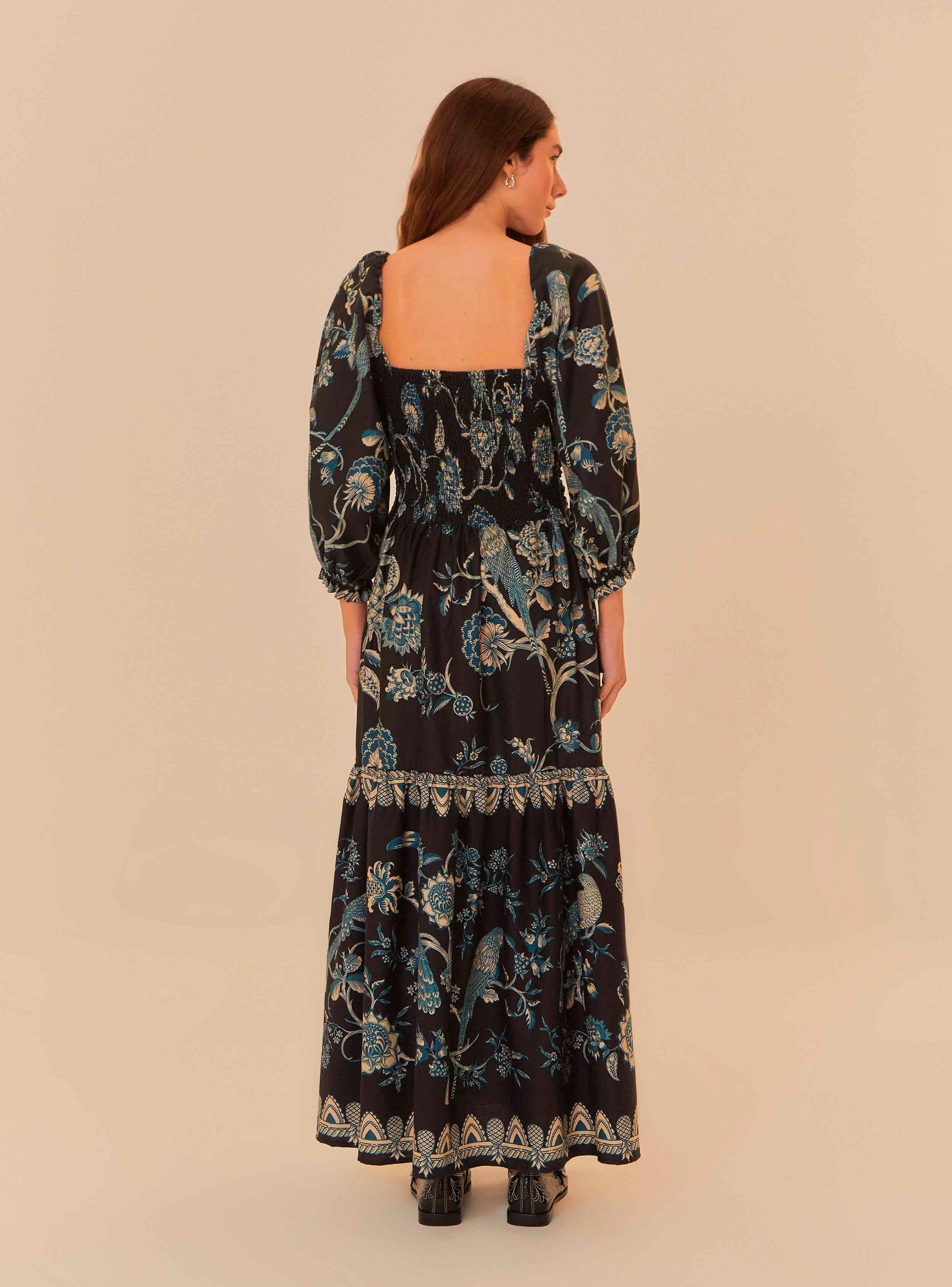 Vestido Largo Manga Abullonada con Flores-1