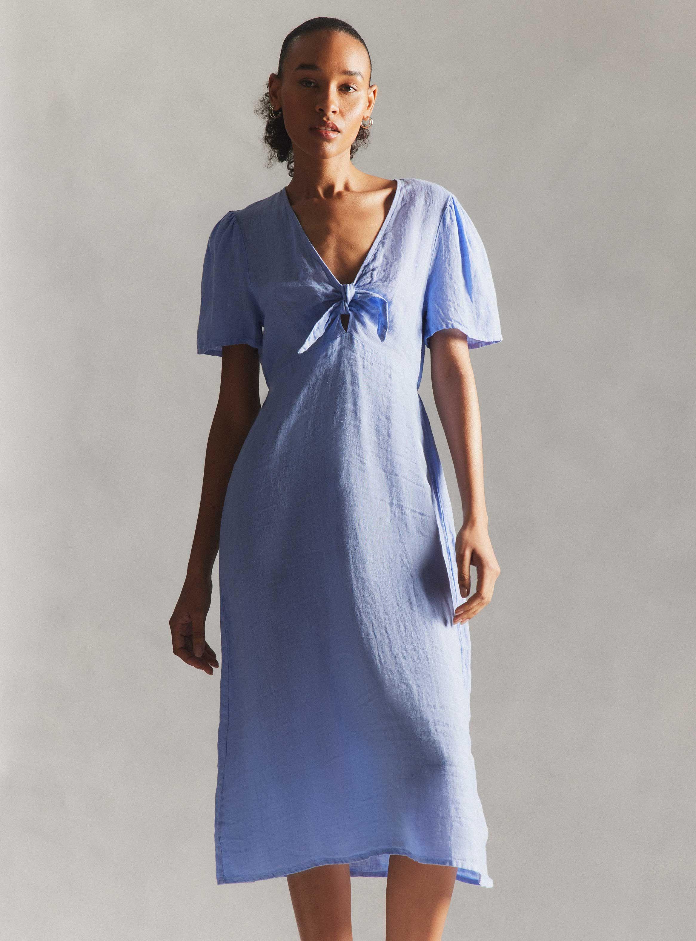 Vestido de Lino Anudado en Escote Hecho en Italia-0