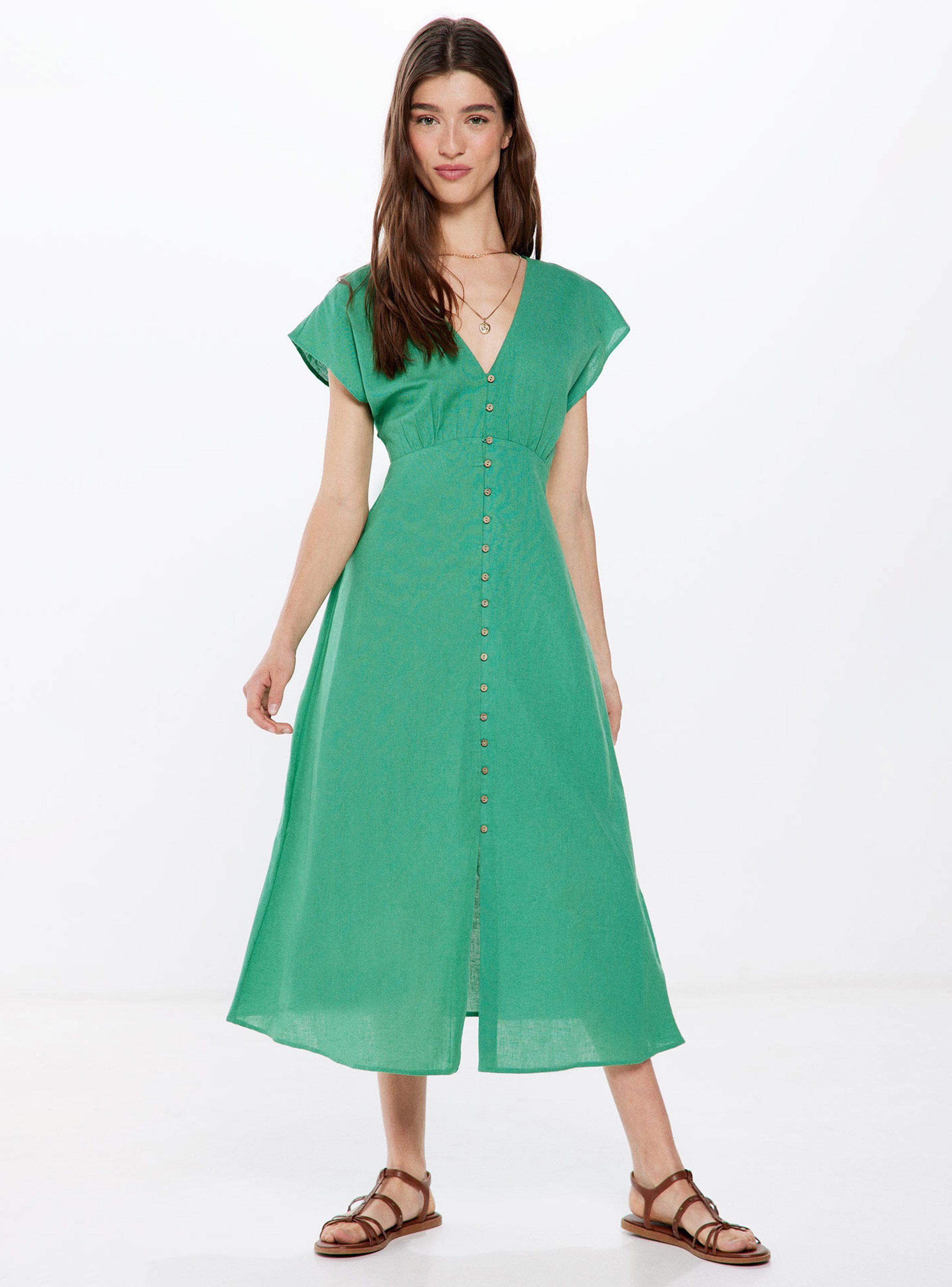 Vestido Midi Manga Corta Caída Botones Lino-0