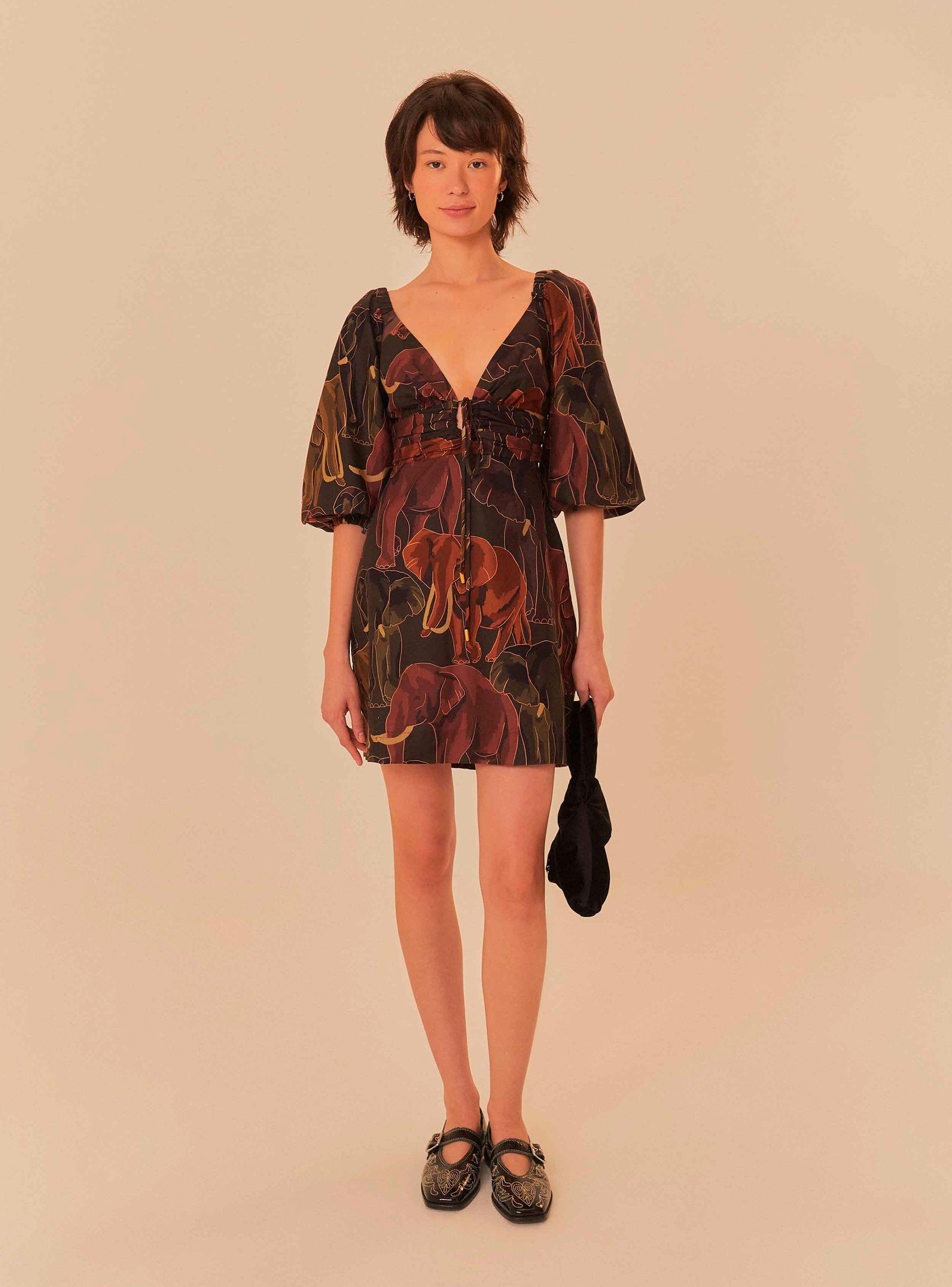 Vestido Corto con Manga Abullonada y Diseño Elefantes-0